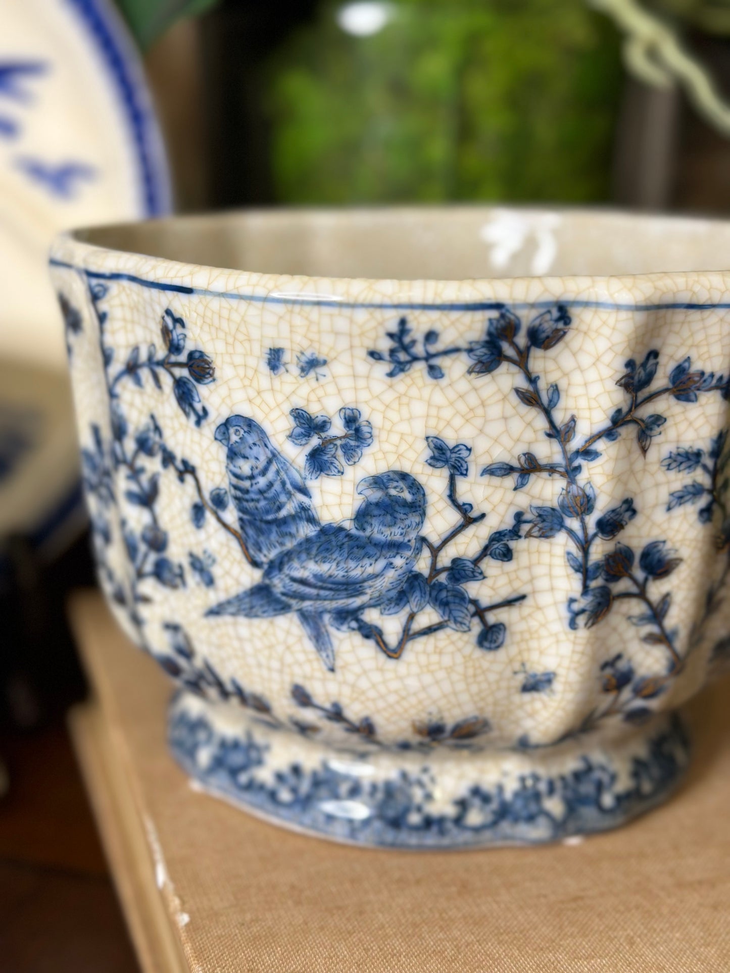 NEW - Blue & White Porcelain Planter, Parrot, 9"D