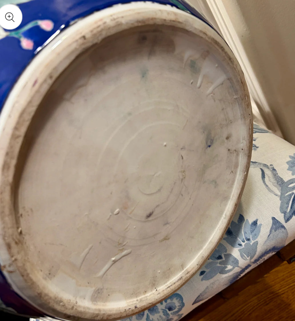 Massive vintage cobalt chinoiserie floral fish bowl porcelain planter 22 in hi with stand included