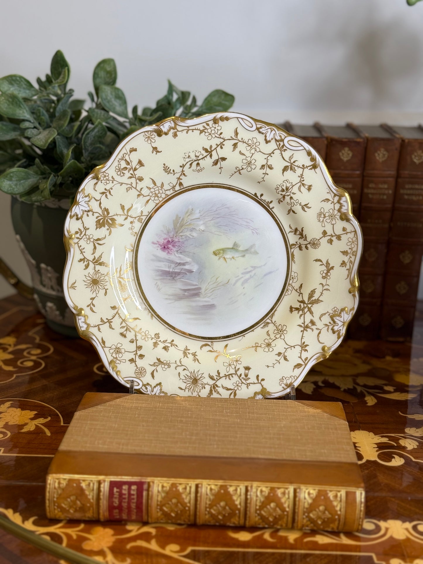 Pair of Minton Hand-Painted Fish Cabinet Plates by Albert H. Wright | Davis Collamore New York | c.1895 | #DA3143