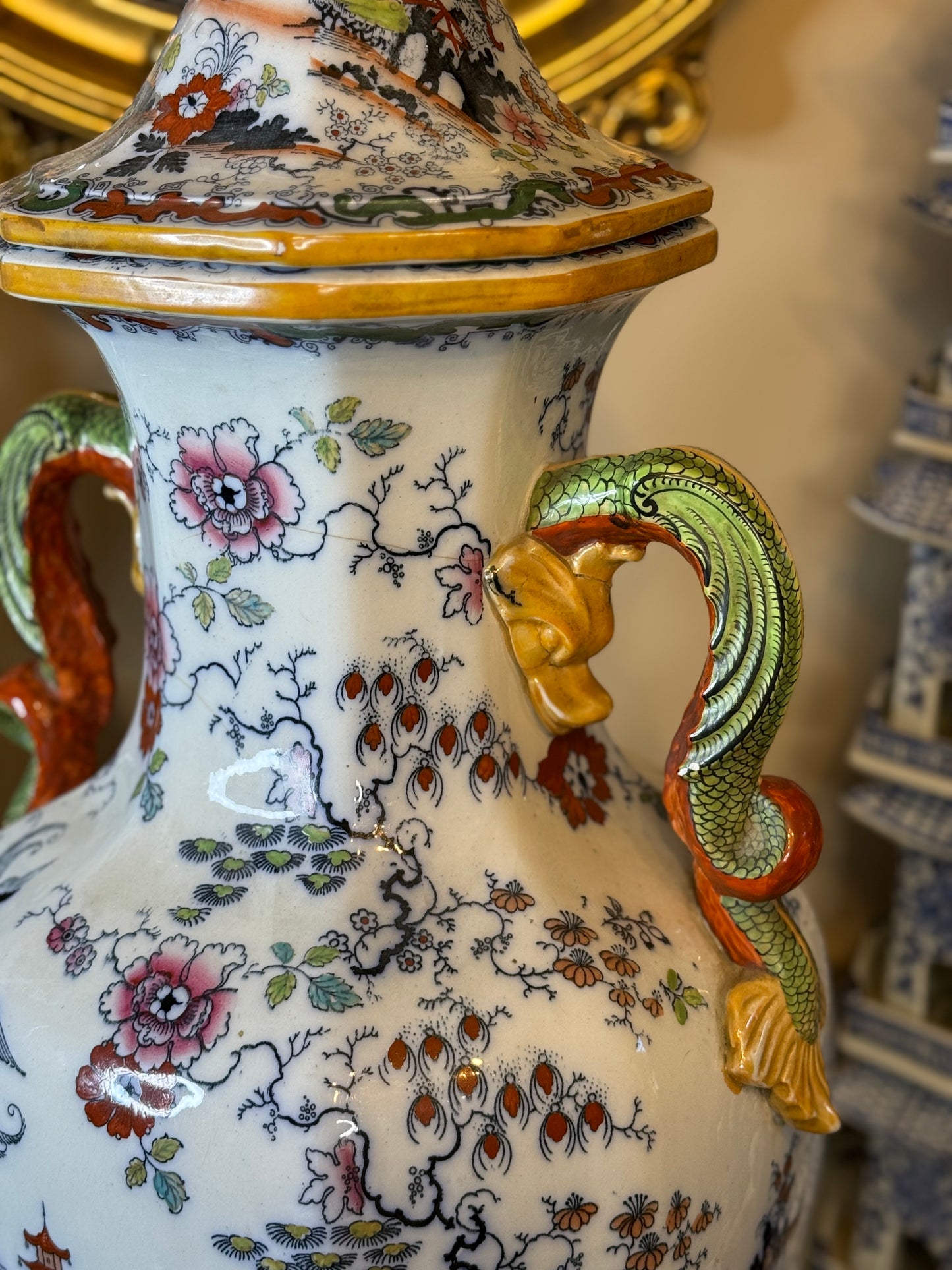 Antique 19c. Masons Single XLarge Urn, 31” Tall, Excellent!!