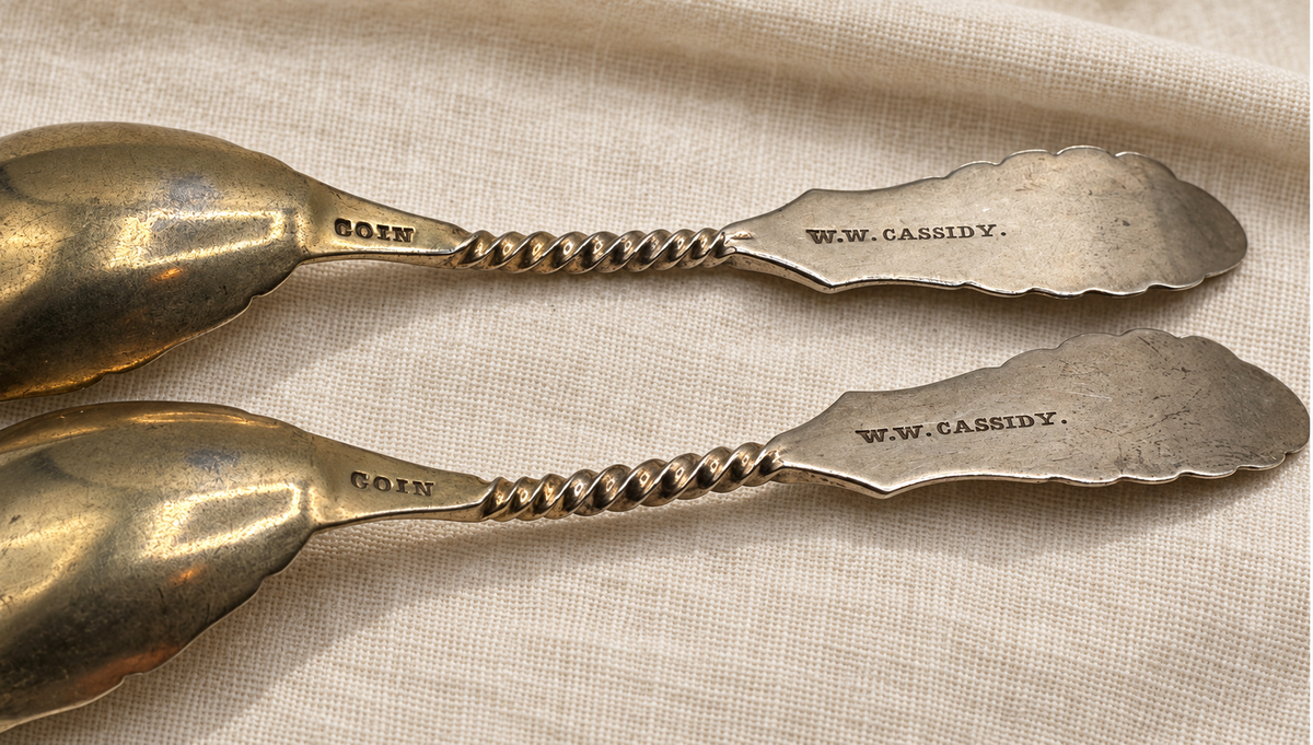 Antique W.W. Cassidy Coin Silver Spoons with Gilt Bowls — Pair