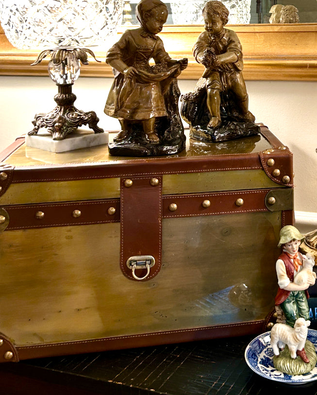 Massive Rustic chic brass and leather storage chest trunk 18 x 12