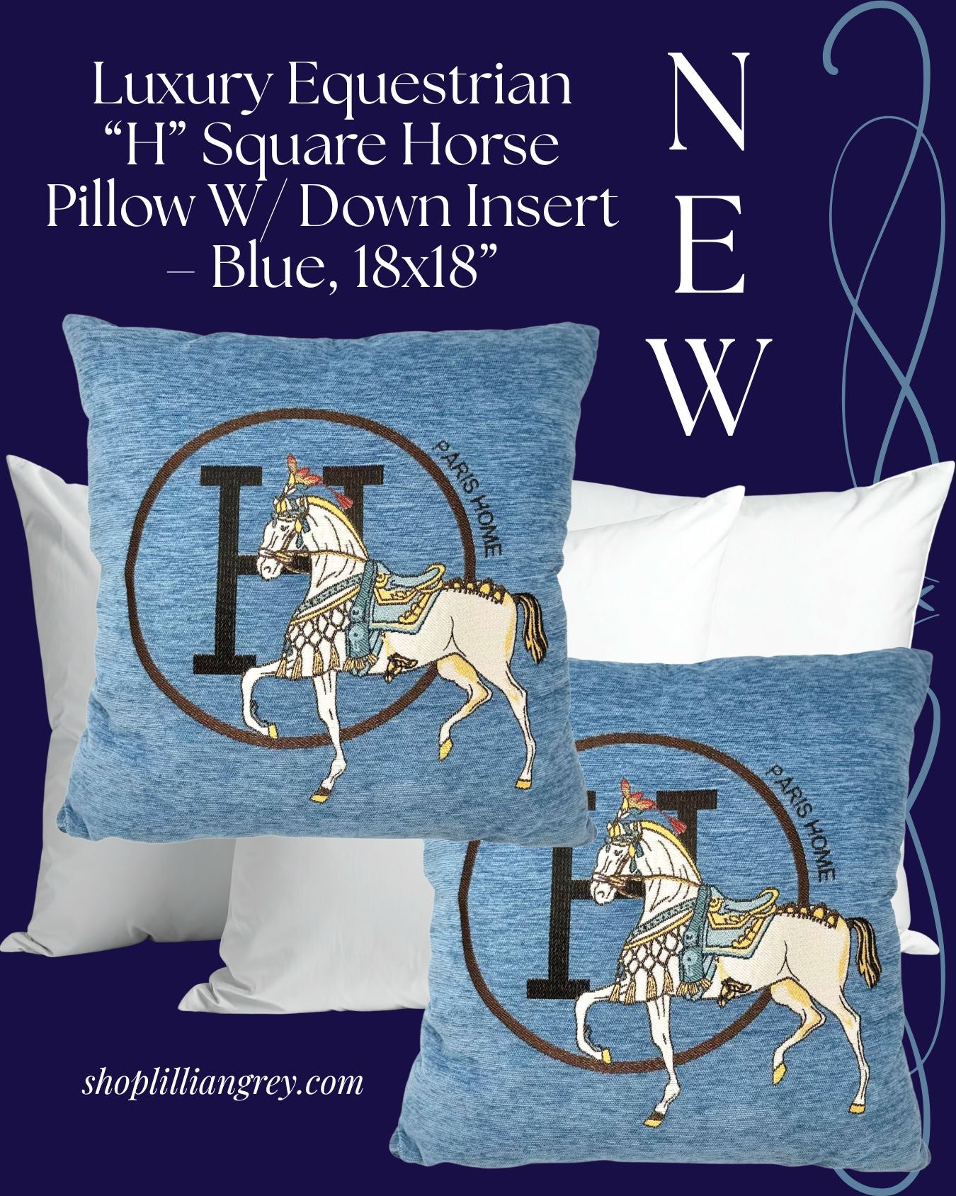 Luxury Equestrian “H” Square Horse Pillow W/ Down Insert – Blue, 18x18”
