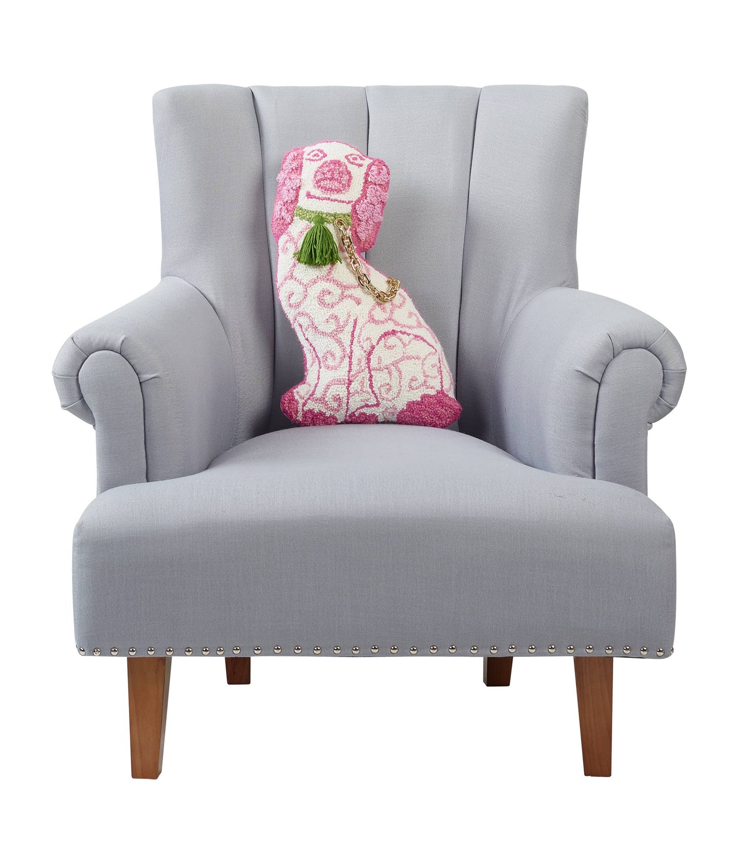 Shaped Chinoiserie Pink Dog Wool Hooked Pillow | 12” x 18” Accent Pillow