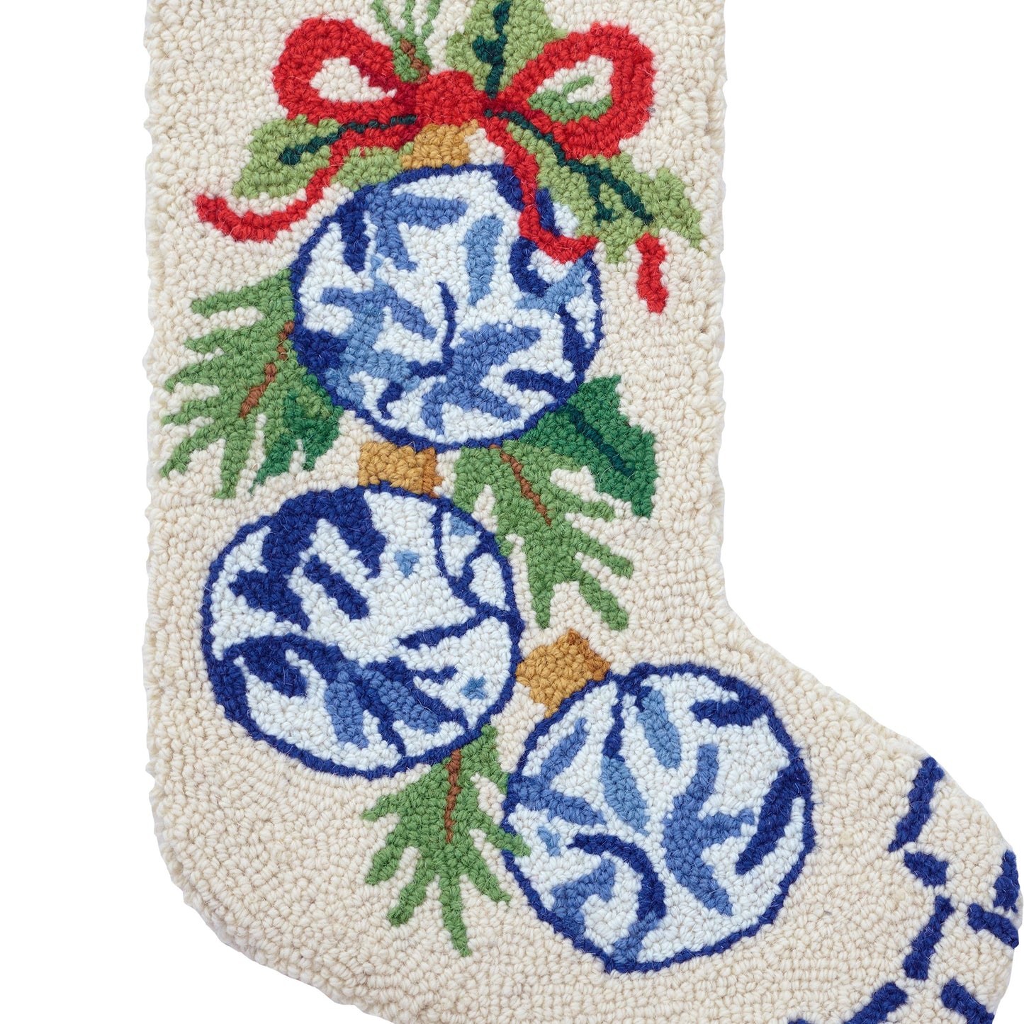 Christmas Blue & White Wool Hook Stocking | Cotton Velvet Holiday Stocking | 12” x 20”