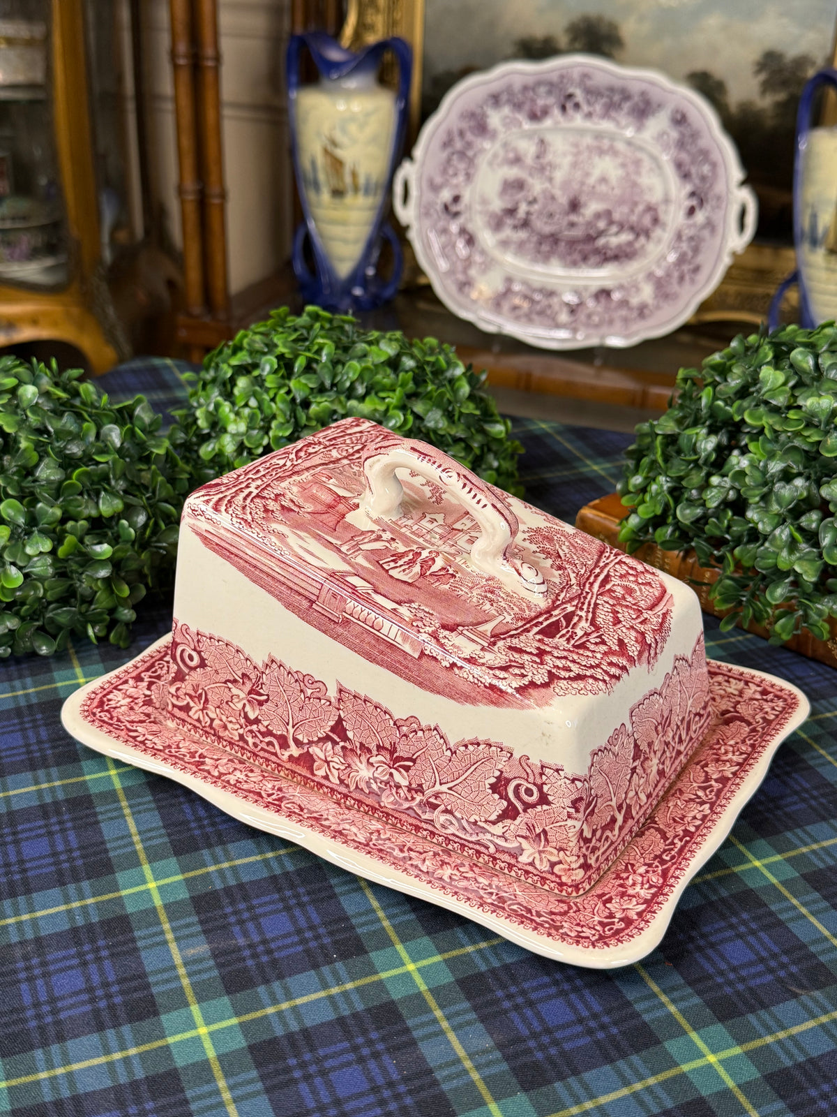 Vintage Mason’s Vista Pink Transferware Covered Cheese Dish & Underplate | England