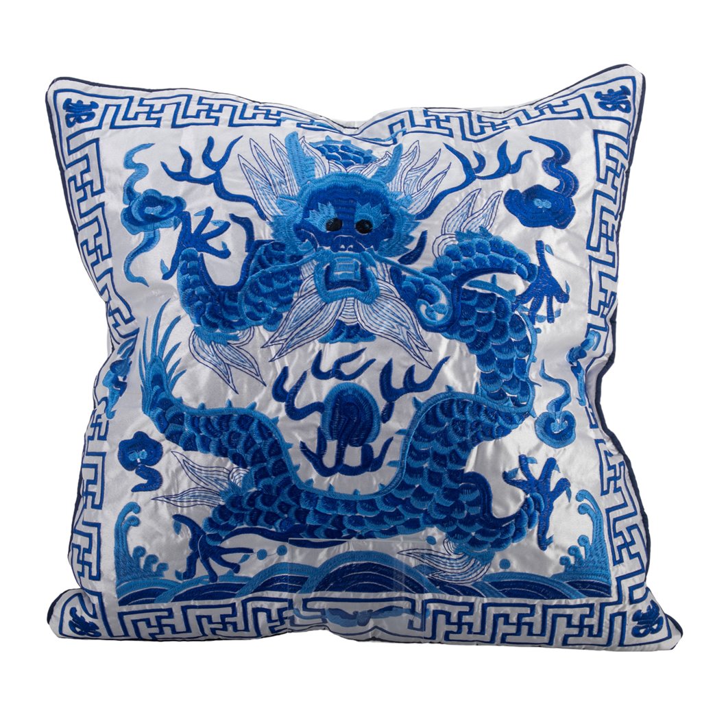 NEW - Blue & White, 20x20" Silk Dragon, Embroidered Pillow W/ Insert