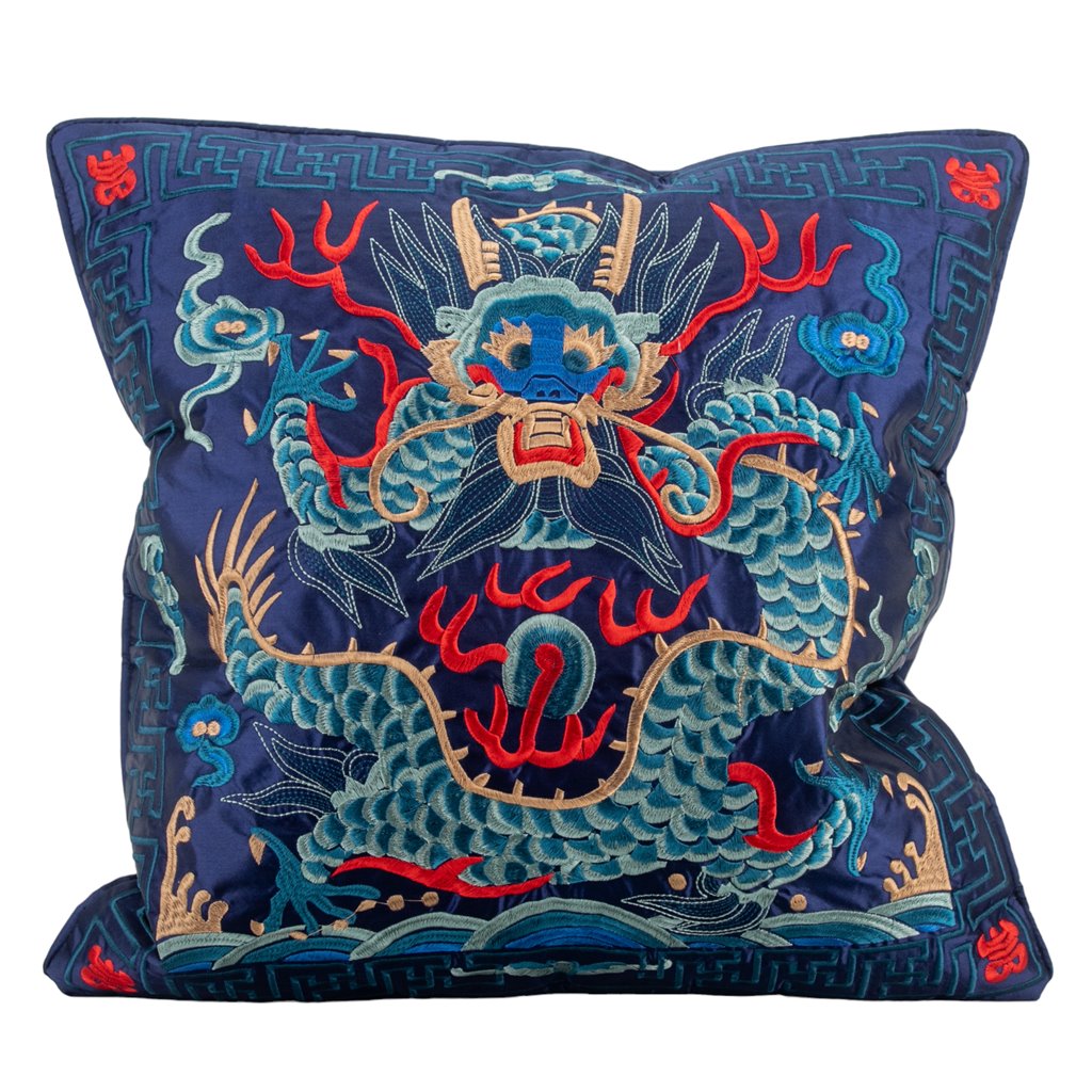 NEW - Cobalt & Red, 20x20" Silk Dragon, Embroidered Pillow W/ Insert