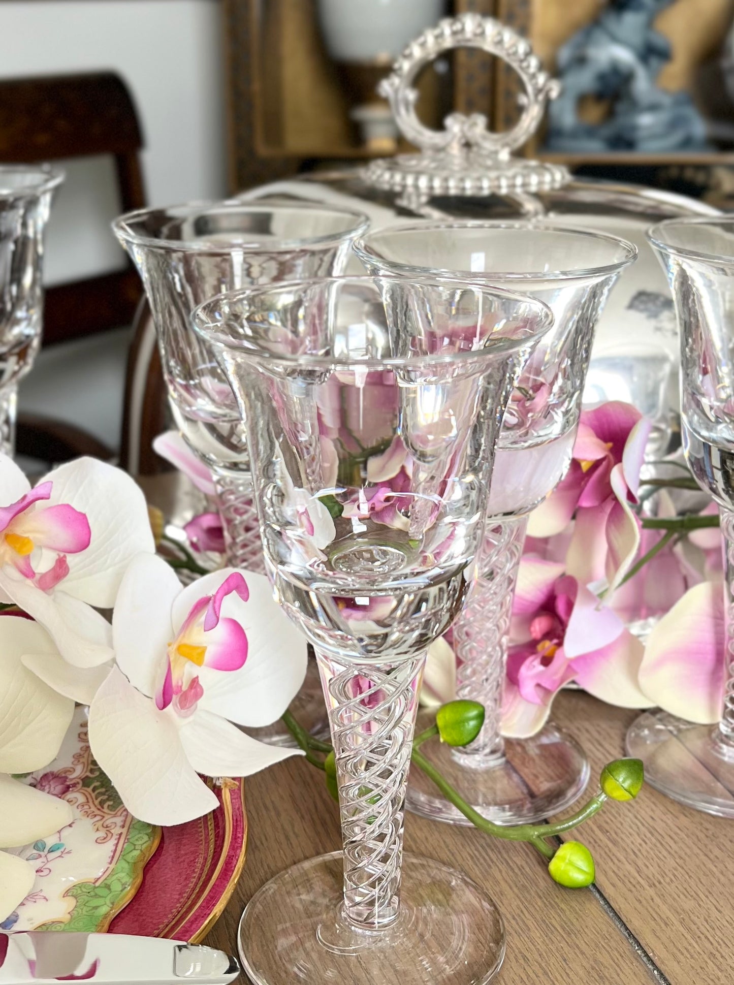 19th-Century Set of Six Air-Twist Stem Glasses — Antique Cut & Hand-Blown Elegance