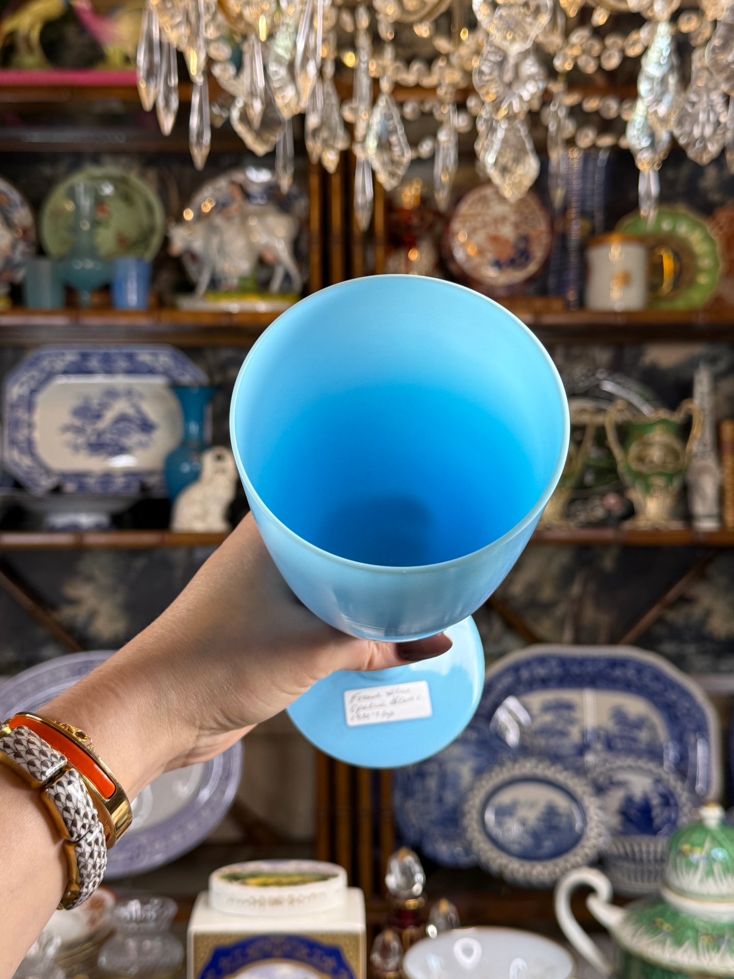 Very Large Pair French Blue Opaline Glass Presentation Goblets / Chalices | 9.75”Tall, 4”D base