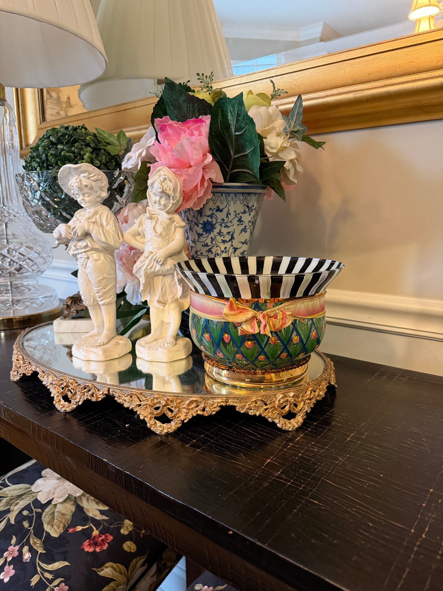 Vintage Painted glass faux MacKenzie-Childs Inspired black/white botanical painted vase 8 x 5.5