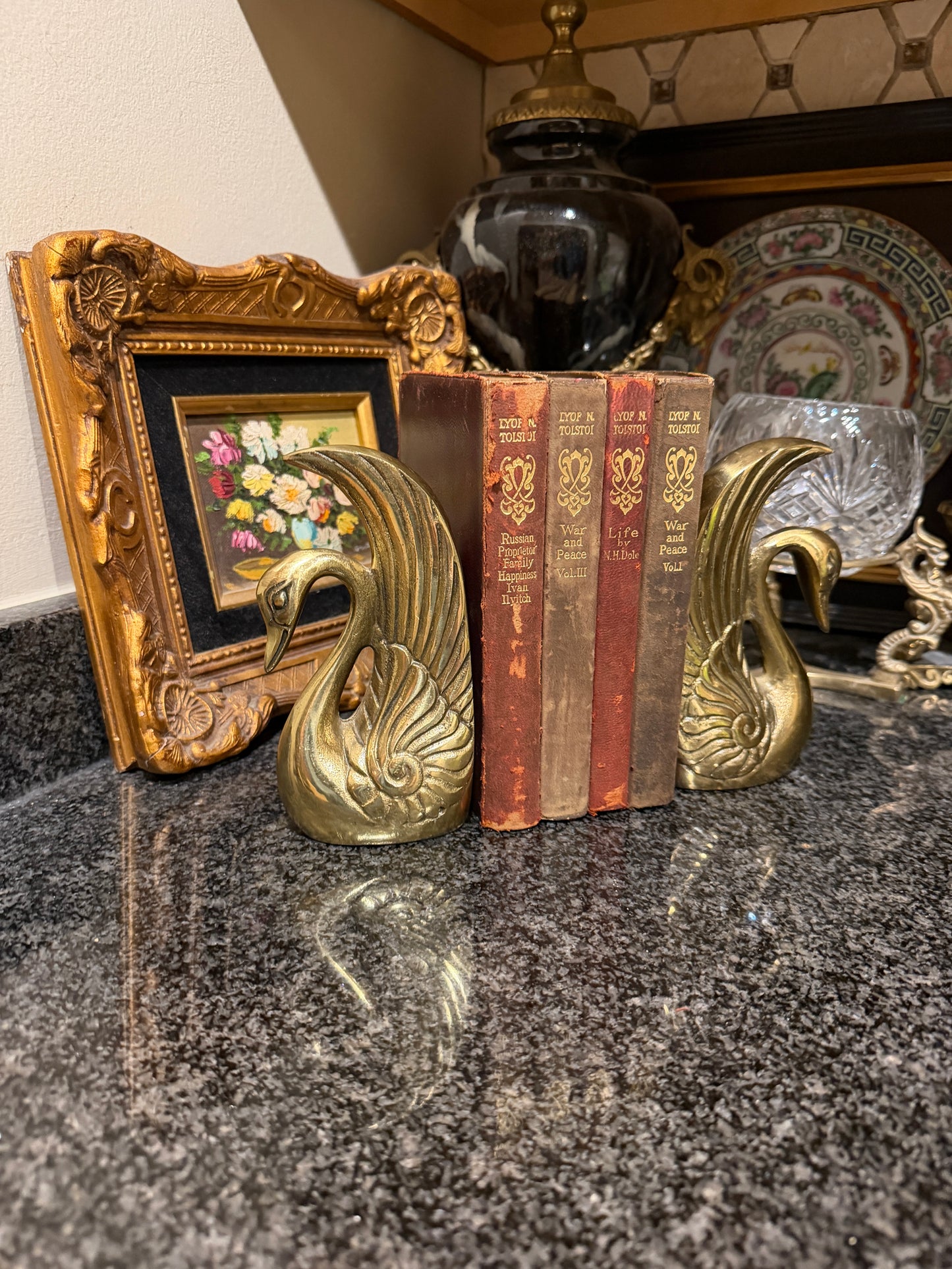 Pair of Vintage Gorgeous Hollywood Regency Brass Swan Book Ends