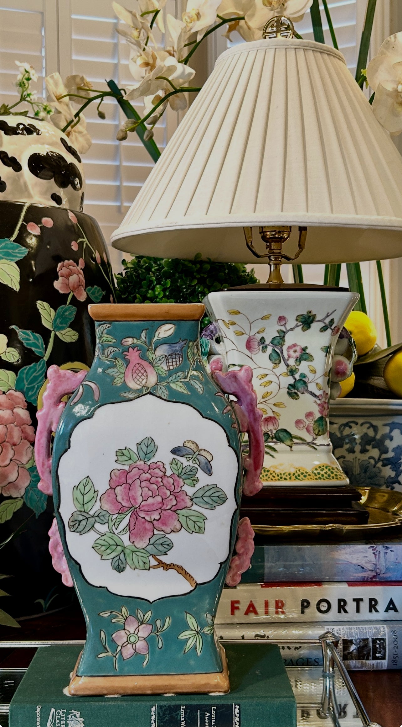 Chinoiserie chic vintage pink green 12 in vase