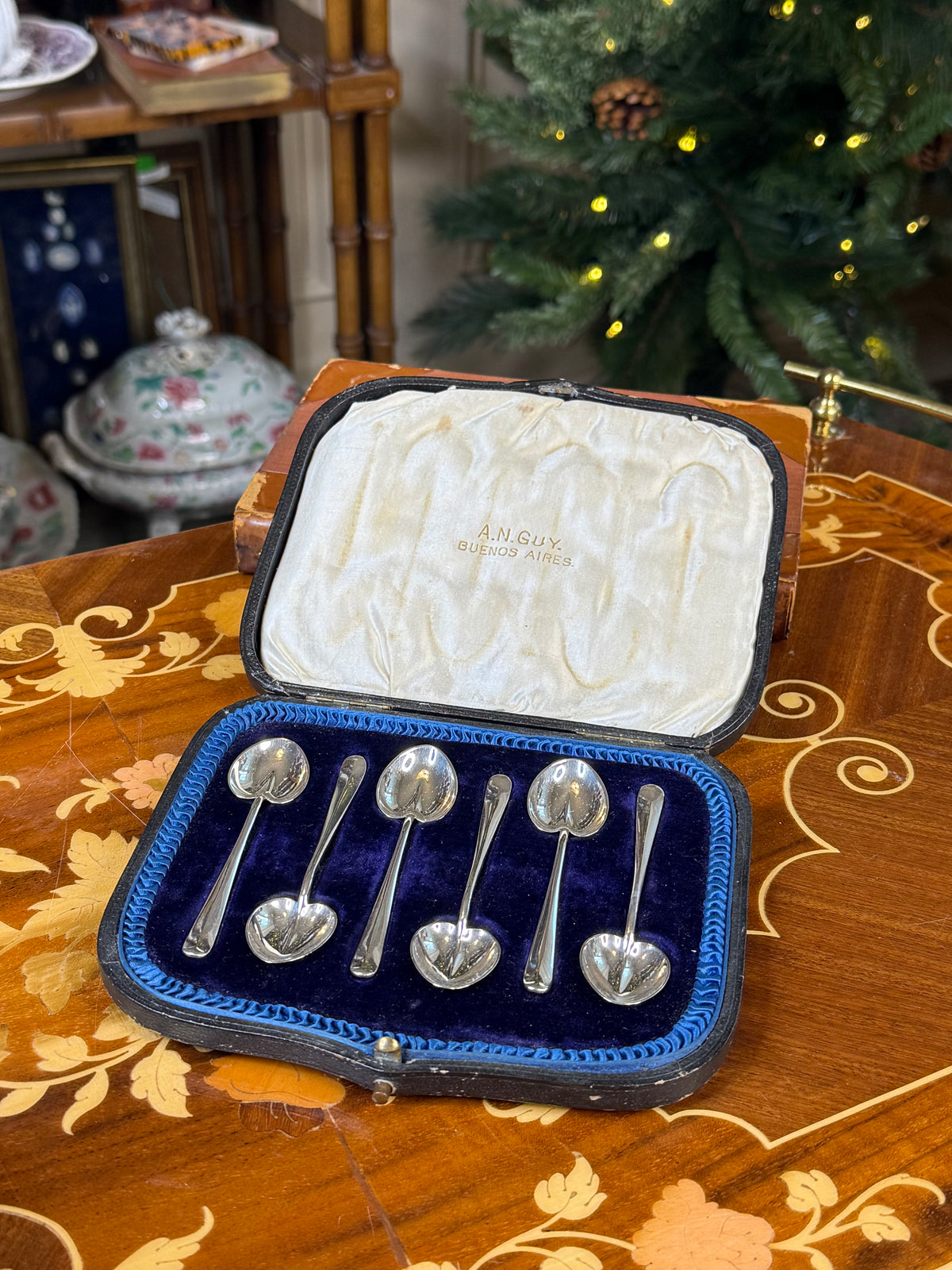 Antique Sterling Silver Heart-Shaped Coffee Spoons | Boxed Set of Six | A.N. Guy Buenos Aires | DA2652