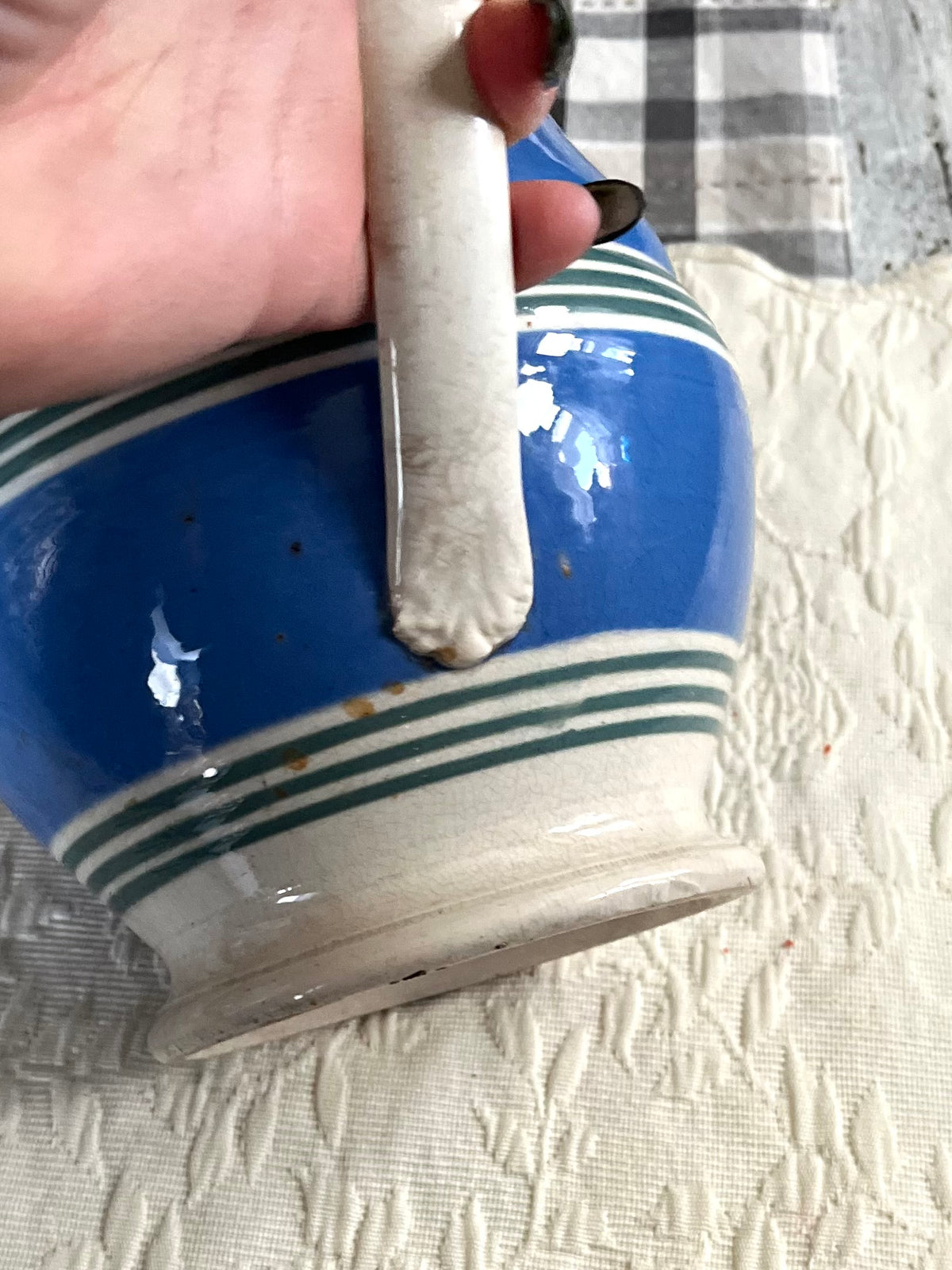 Live 09/15 Antique Tricolor Banded Mochaware Pitcher| 19th c. Blue, Green & Cream Striped Jug