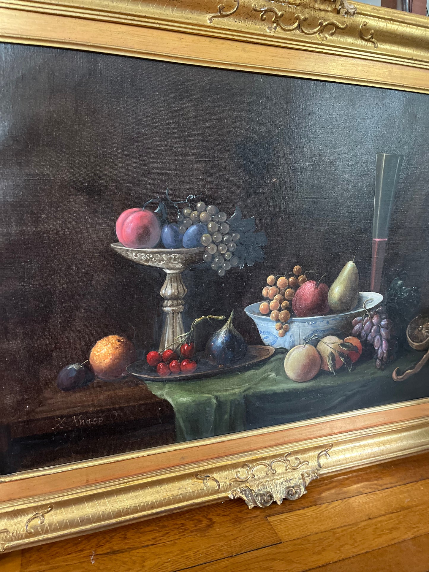 Live 07/28 Elegant Large Signed Still Life Oil on Canvas | Moody Classical Fruit Study - Substantial Solid Wood Gilded Frame