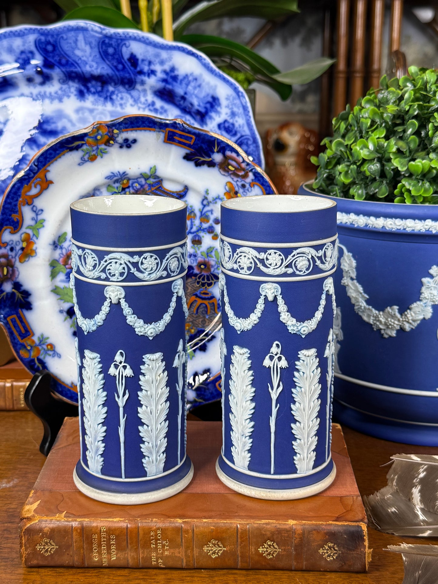 Pair of Wedgwood Blue-Dipped Jasperware Spill Vases | White Neoclassical Relief | Blue & White | c.1908–1929 | 6.5” H × 2.5” D Each | #DA4577