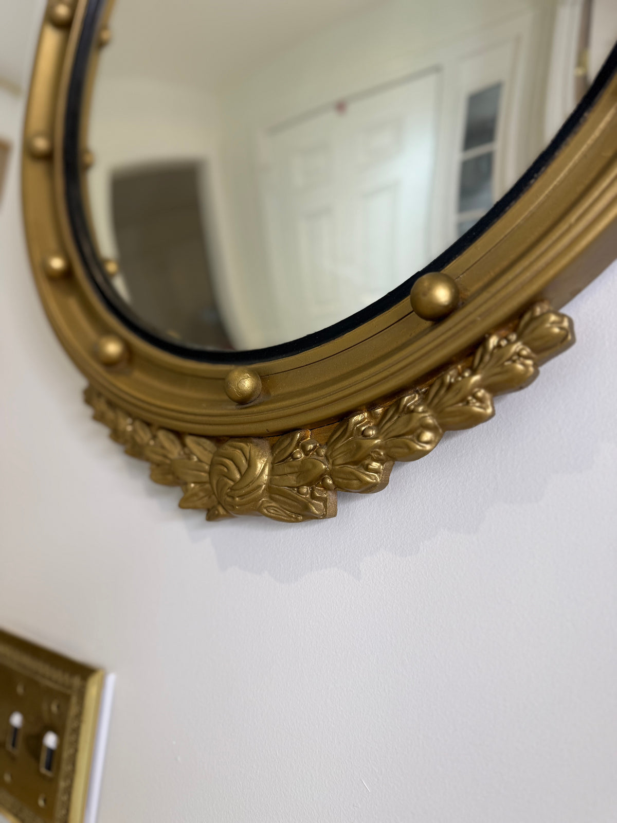 Vintage Federal Style Gilt Wood Convex Eagle Mirror | Gold Bullseye Mirror with Eagle & Laurel Crest | 28.5” H × 21.25” W