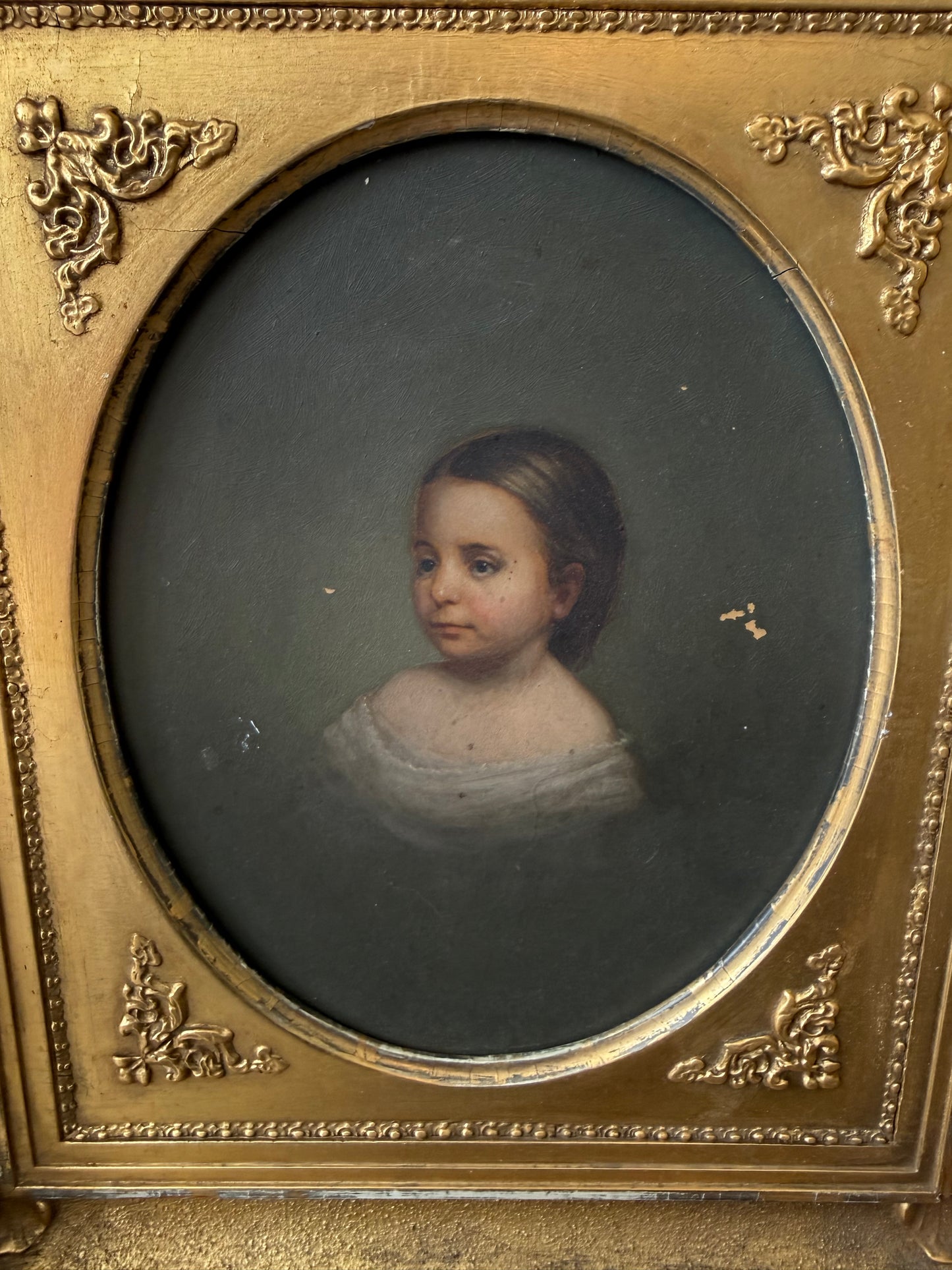 Antique Oil Portrait on Board in Period Giltwood Frame 17x15”
