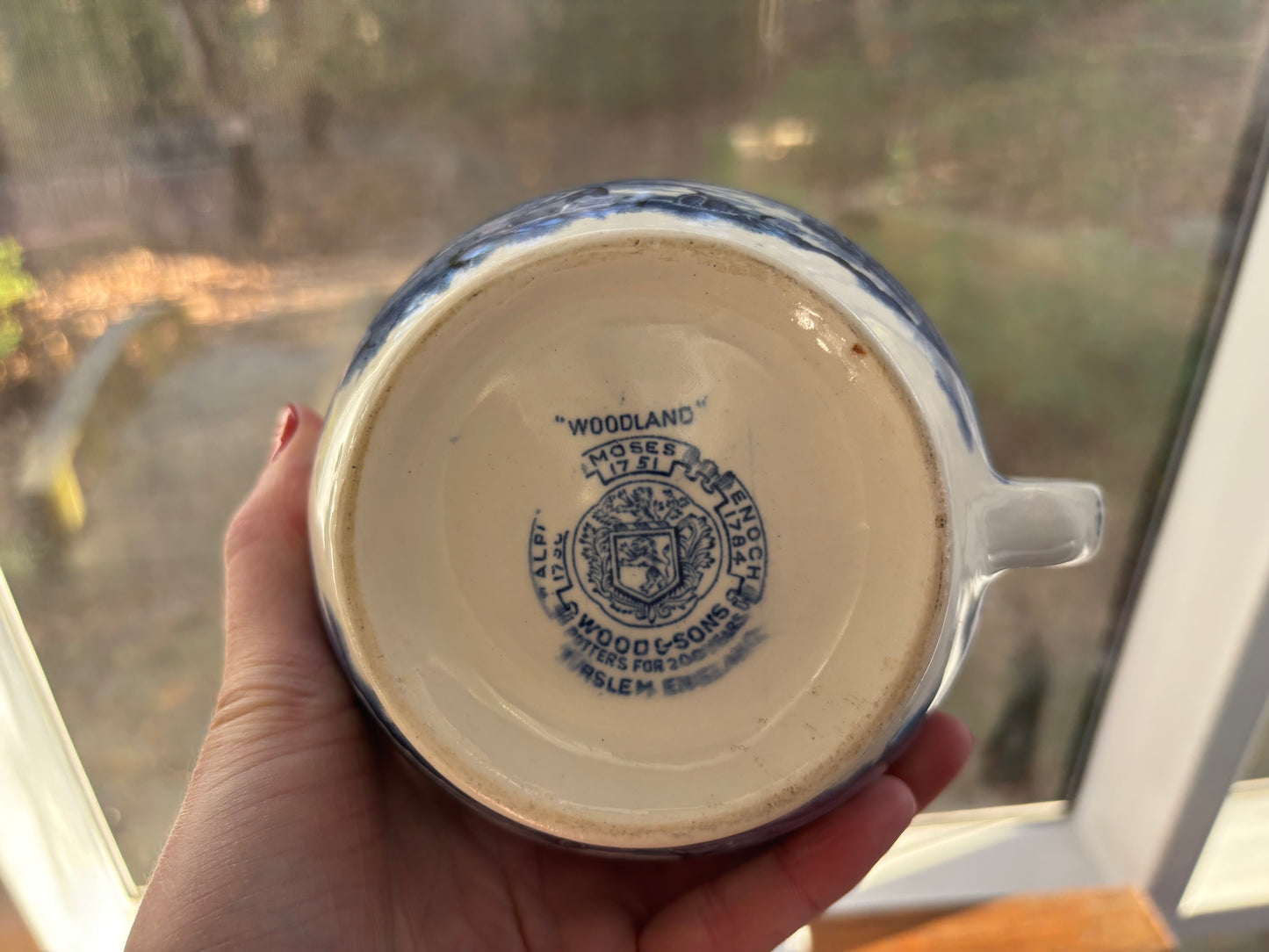 Vintage Wood & Sons “Woodland” blue and white transferware pottery pitcher!