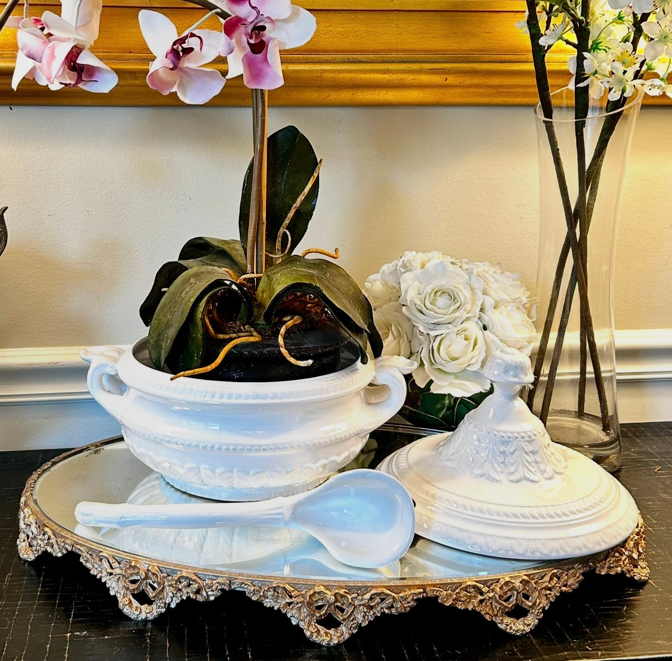Designer vintage chic white tureen planter made in Portugal