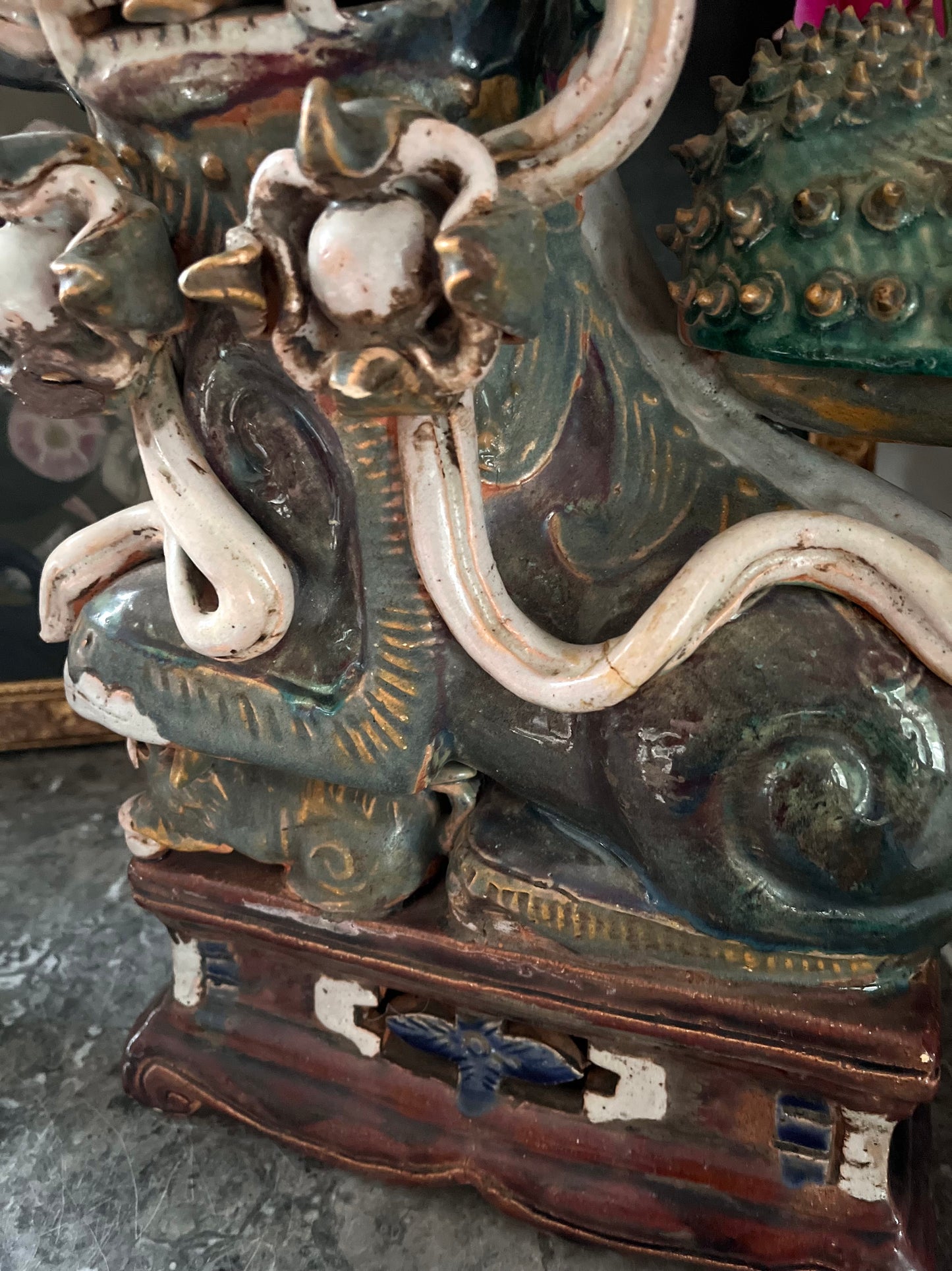 Live 7/7 Substantial Antique Chinese ShiShi Guardian Lion | Glazed Pottery Temple Figure