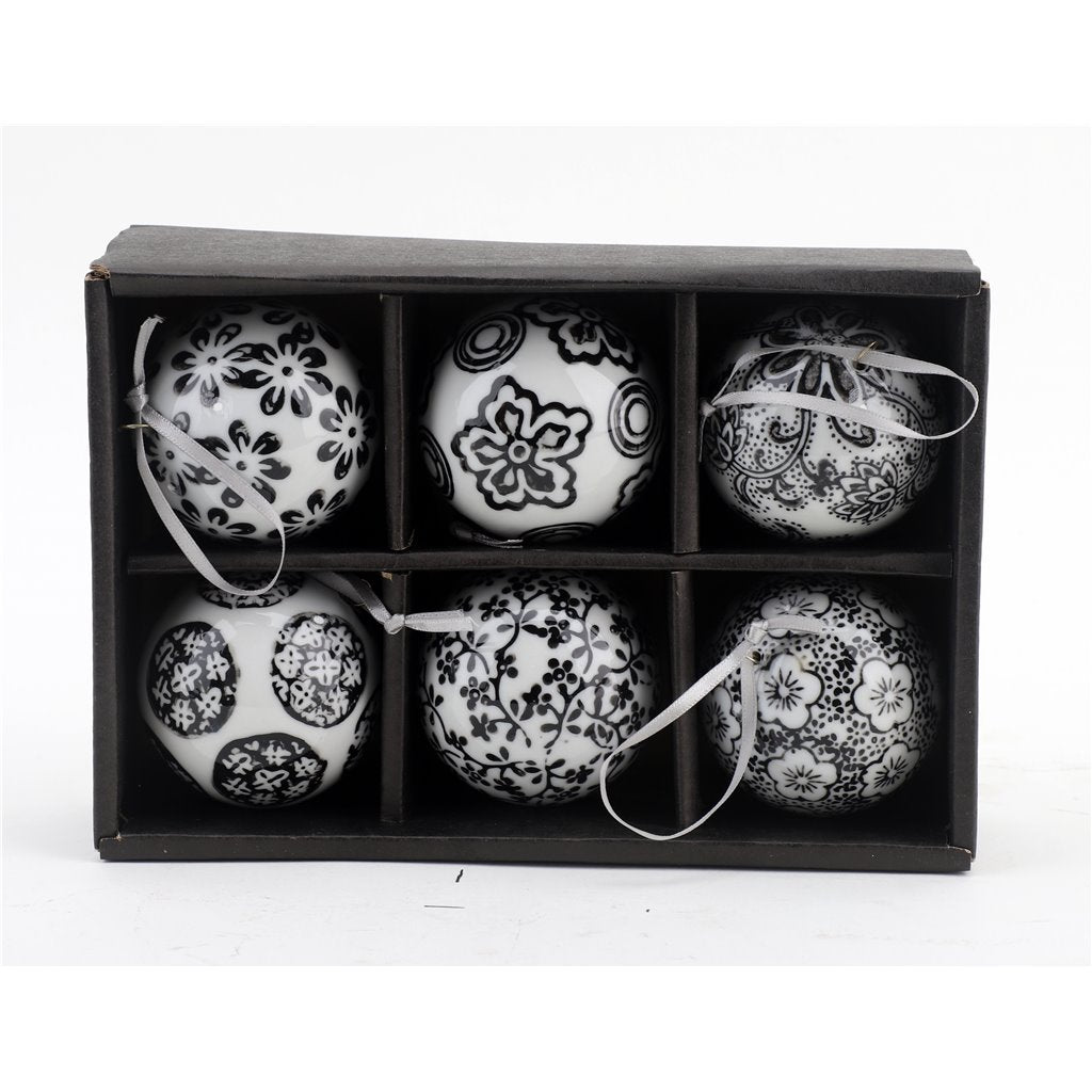 Danny’s Fine Porcelain - Set (6) Black & White Chinoiserie Porcelain Ornaments, 2.5" Wide