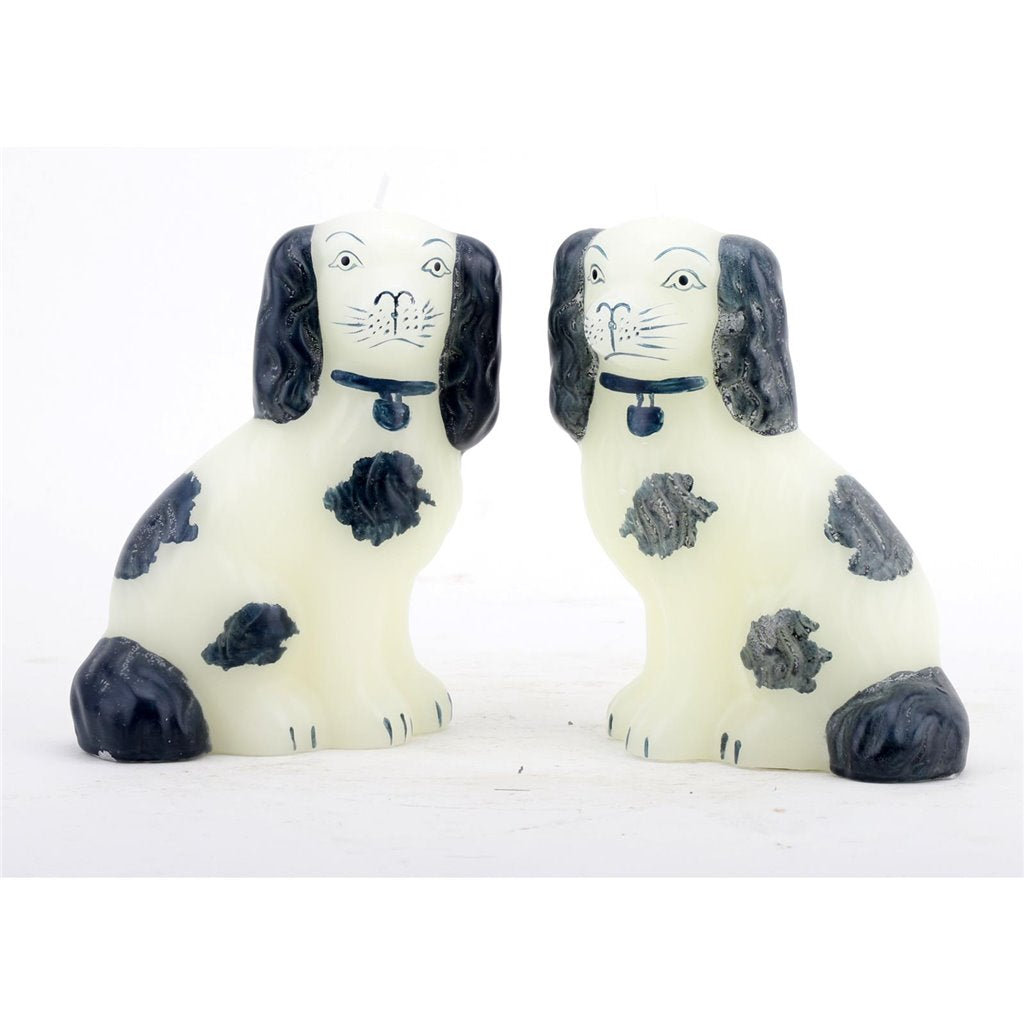 Danny’s Fine Porcelain: "Staffordshire" Spaniel Dog Candle Pair, Blue & white