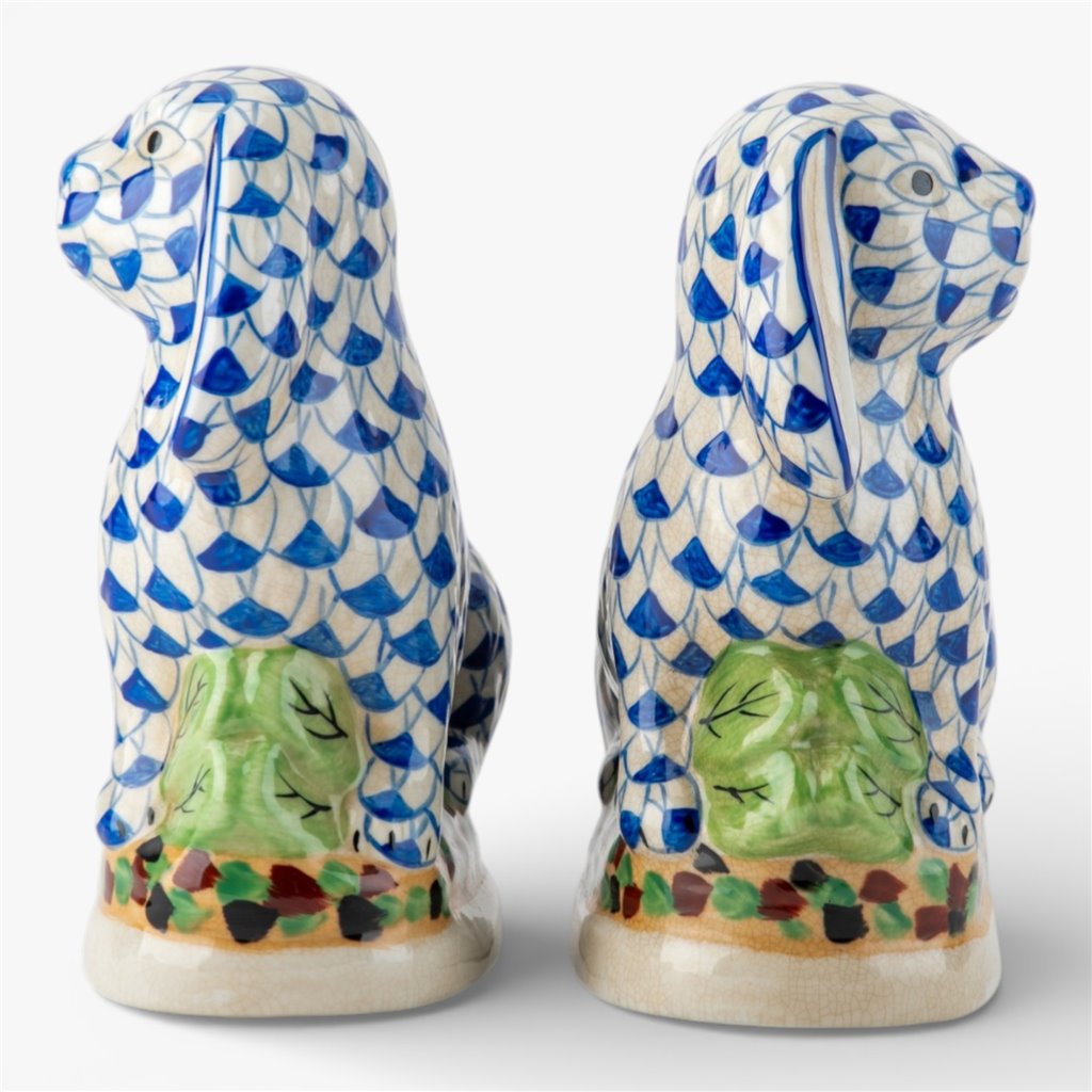 Danny's Fine Porcelain: Staffordshire Bunny Hare Pair in Blue Fishnet – Hand-Painted Porcelain with Gold Detail, 8Lx4Wx8.5H" #41431