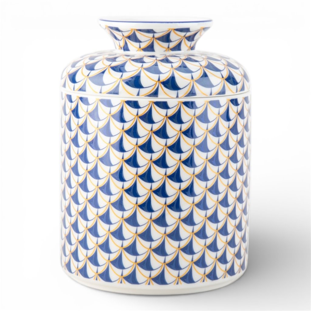 Danny's Fine Porcelain: Blue Fishnet Porcelain Tissue Box Cover – Round Hand-Painted Decorative Tissue Holder, 7” #41435