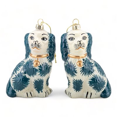 Danny's Fine Porcelain |Staffordshire Dog, 5" Glass Ornament Pair Blue