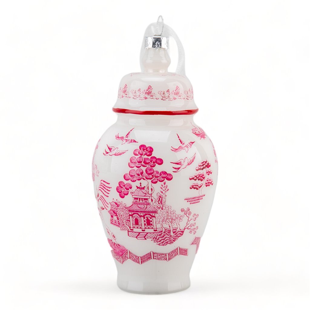 Danny’s Fine Porcelain Pink Chinoiserie Willow Ginger Jar Glass Ornament | 5”H
