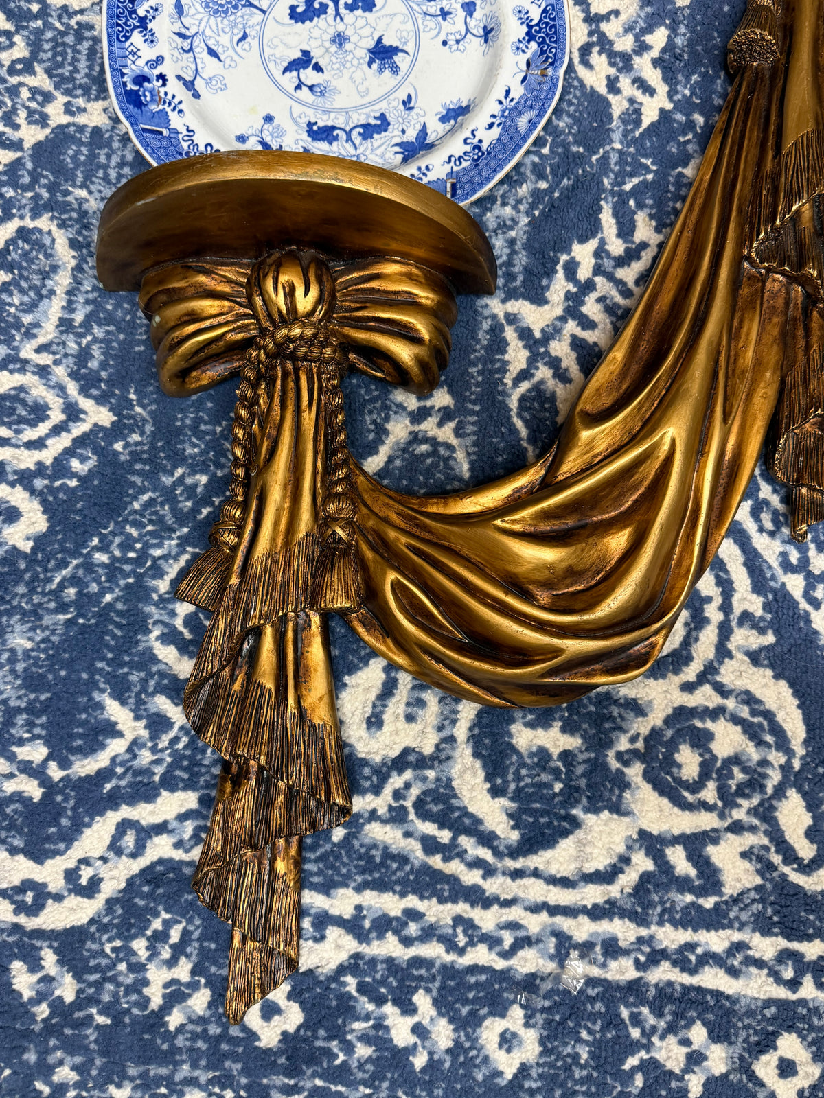Pair of Vintage Style Gilt Resin Drapery Wall Brackets / Display Shelves | Tassel & Swag Design | 28” H × 18” W
