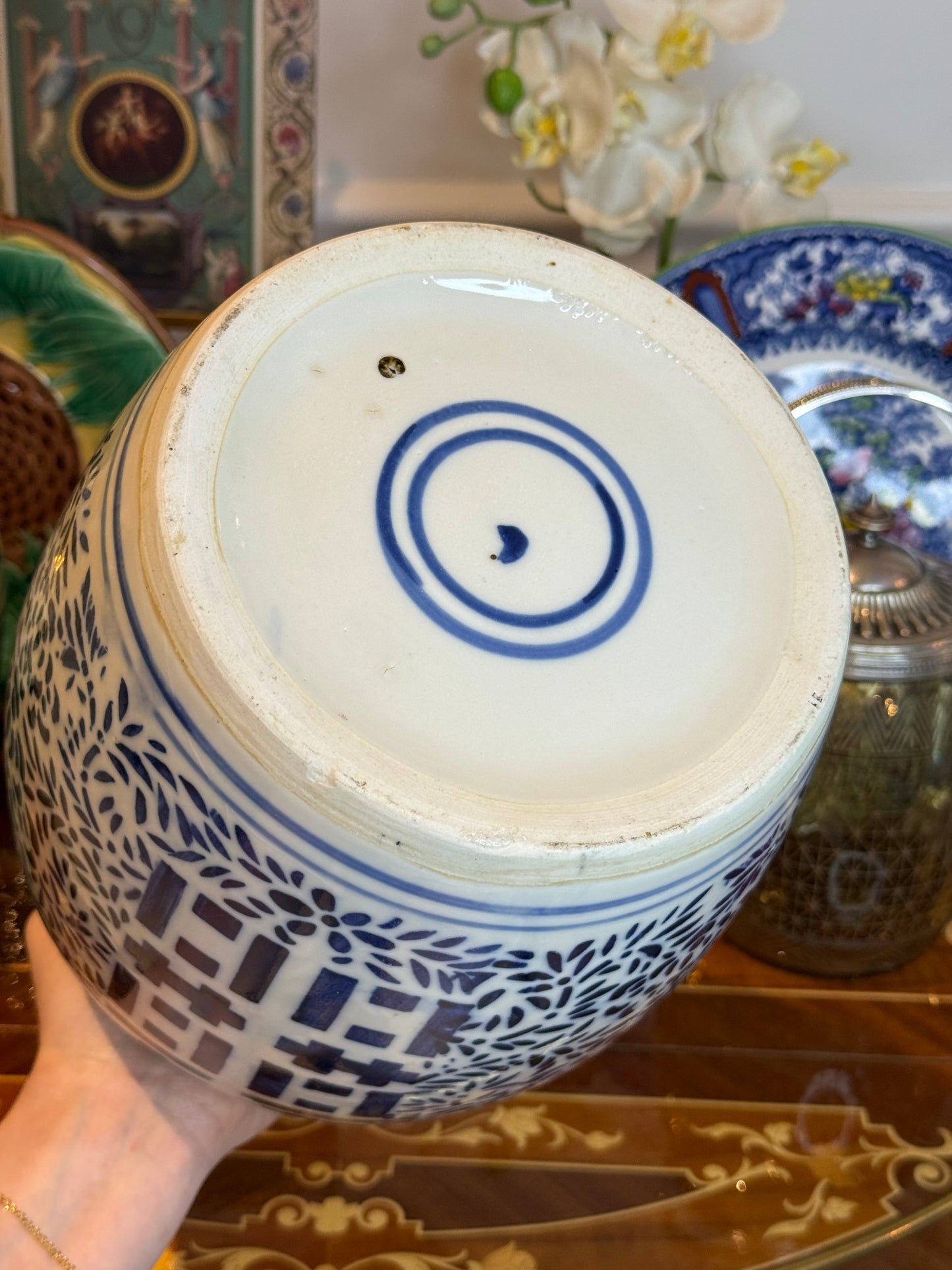 Vintage Blue & White Double Happiness Ginger Jar with Lid 9.5” Tall Chinese Porcelain
