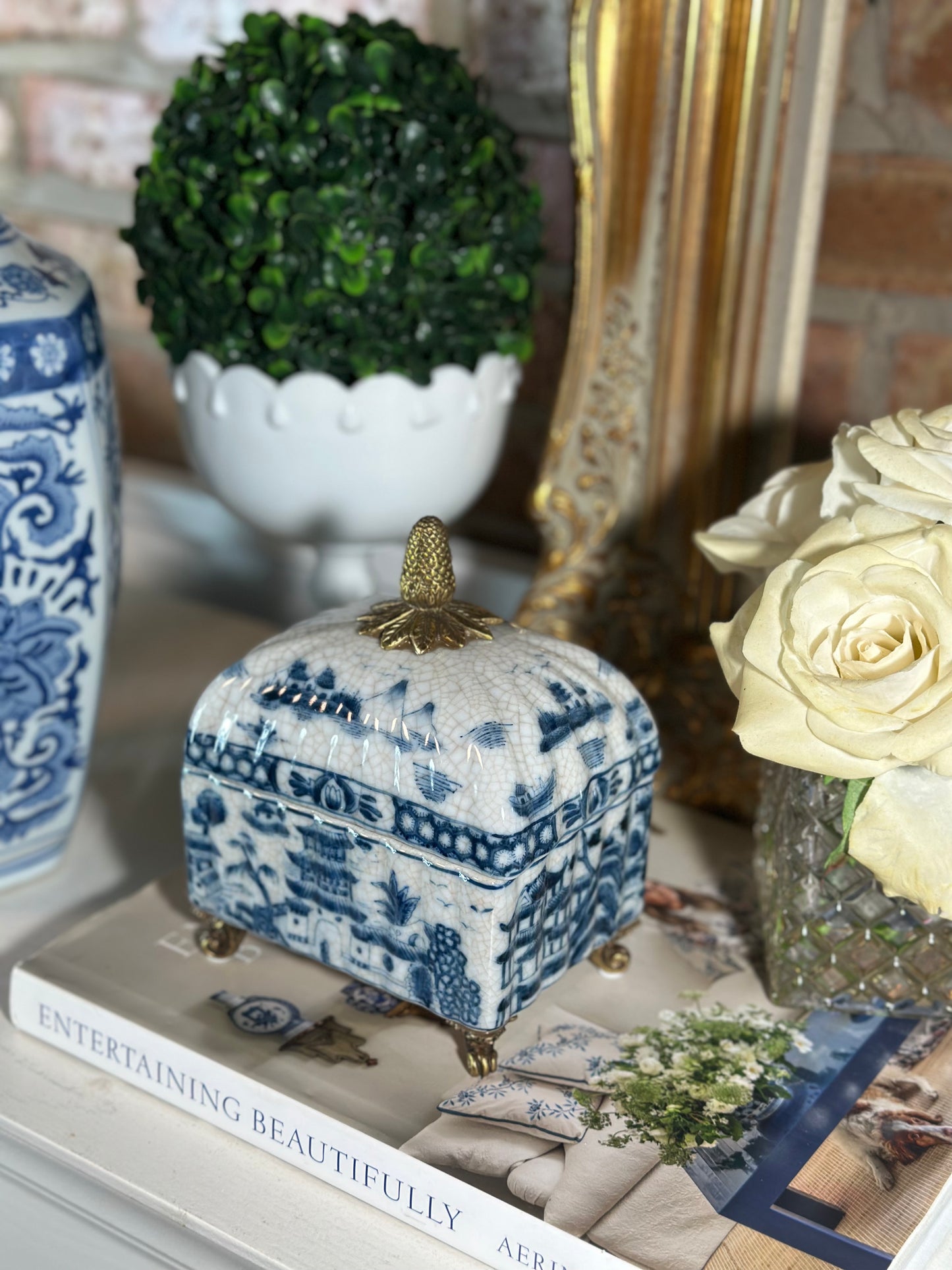 Danny's Fine Porcelain - Blue & White Porcelain Bronze Footed Box W/ Lid