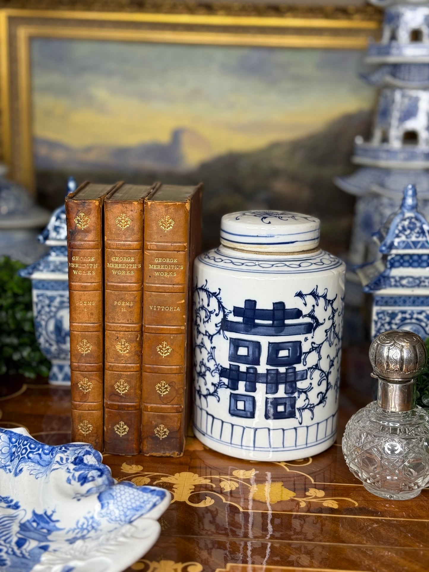 Danny's Fine Porcelain: Blue & White, 7" Tall Double Happiness, Hand Painted Tea Caddy Jar