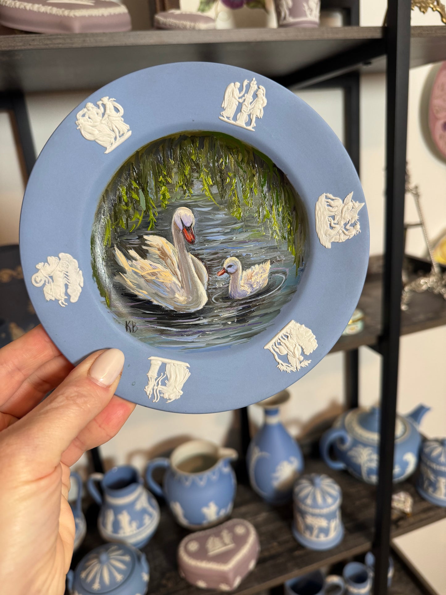 Swan original oil painting on Wedgwood plate 6.75”