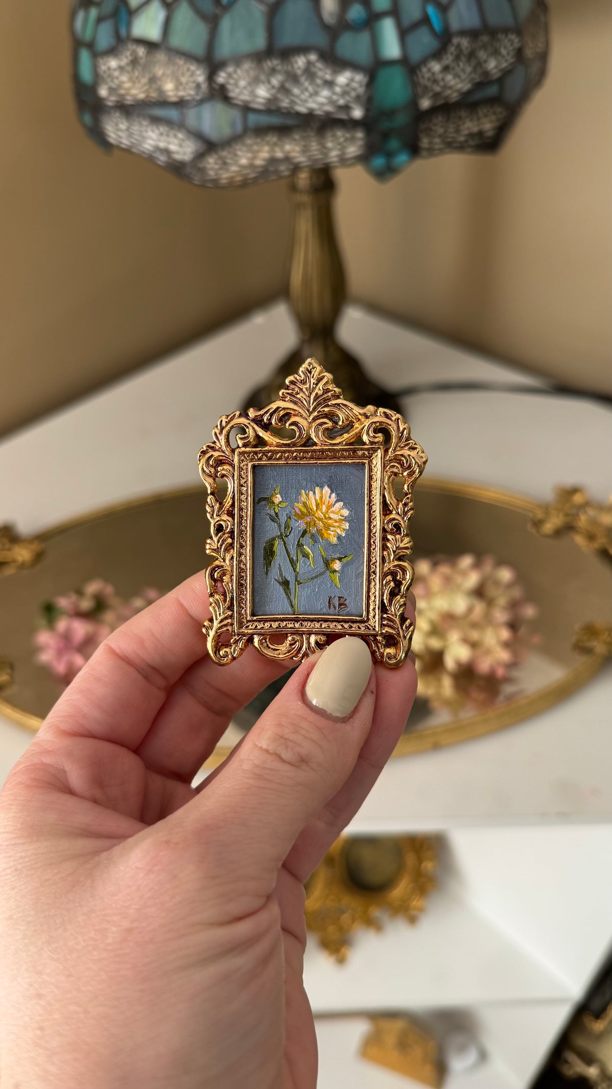 Day 14 yellow peony, original oil painting in miniature pewter frame
