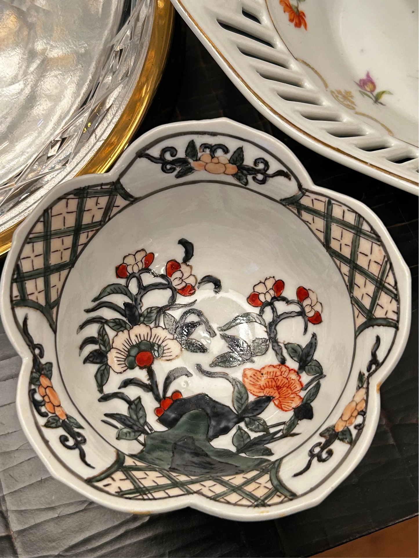 Chic antique hand painted porcelain chinoiserie lotus bowl