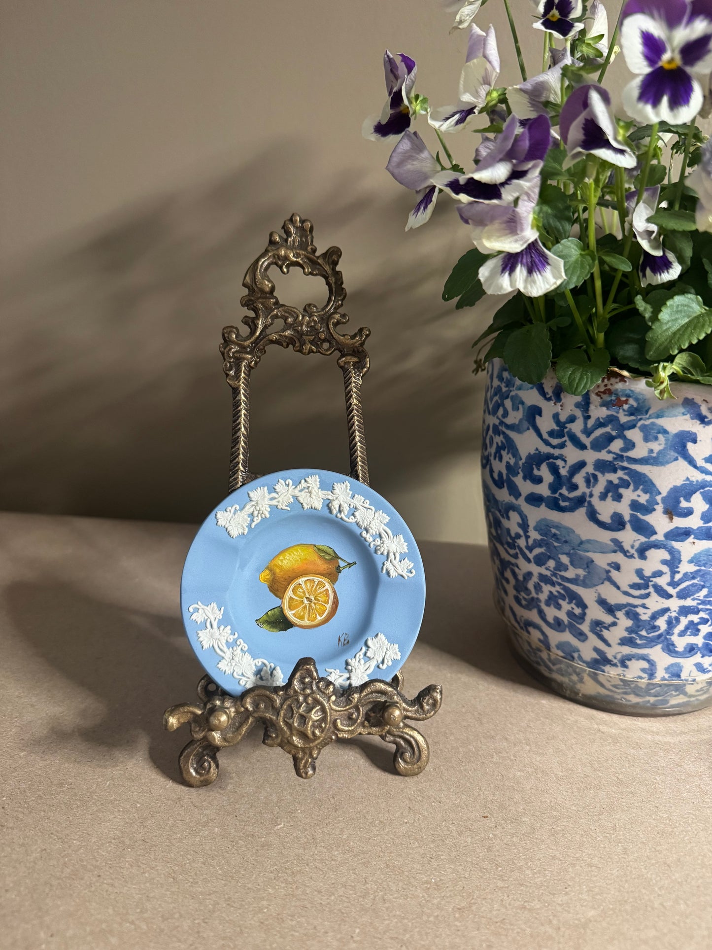 Live 06/22 Wedgwood small lavender and white dish with painted lemon original art