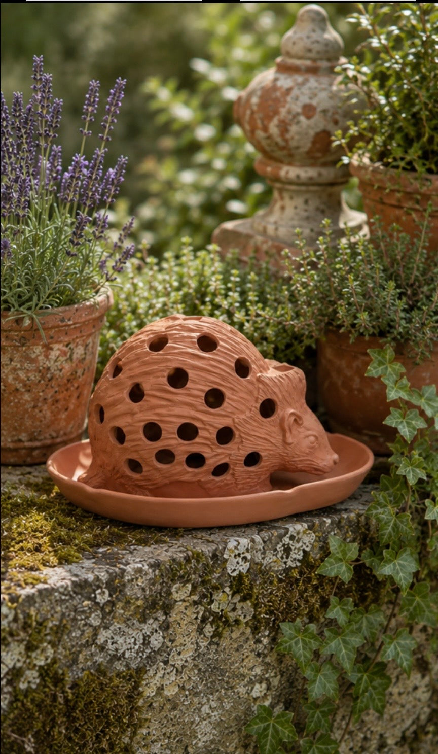 Rare Wedgwood Hedgehog Bulb Pot in Terracotta | Iconic Jasperware Garden Design with Original Tray