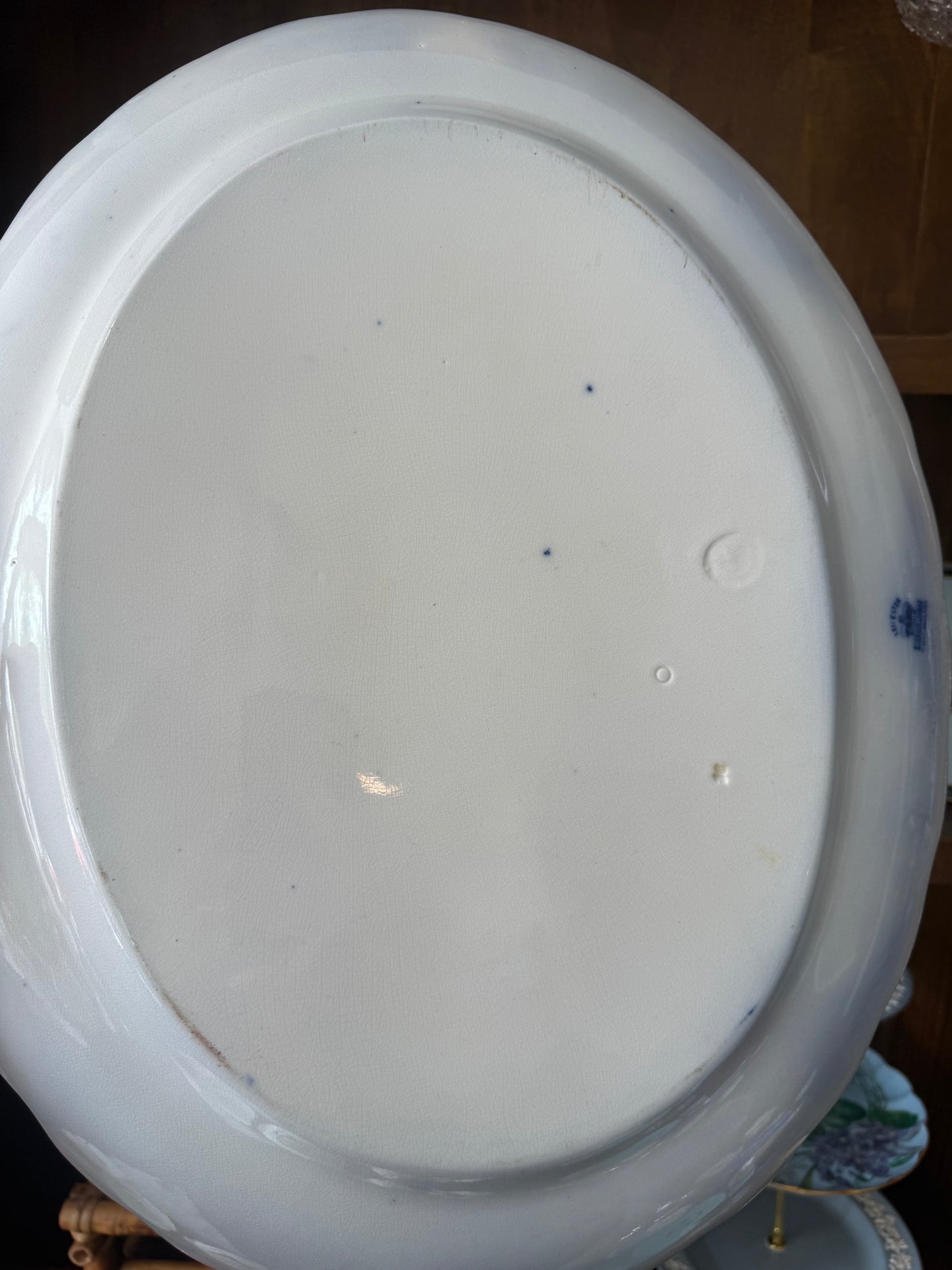 Antique English Flow Blue XL 19” Oval Transferware Platter with Hunt Scene & Floral Border –