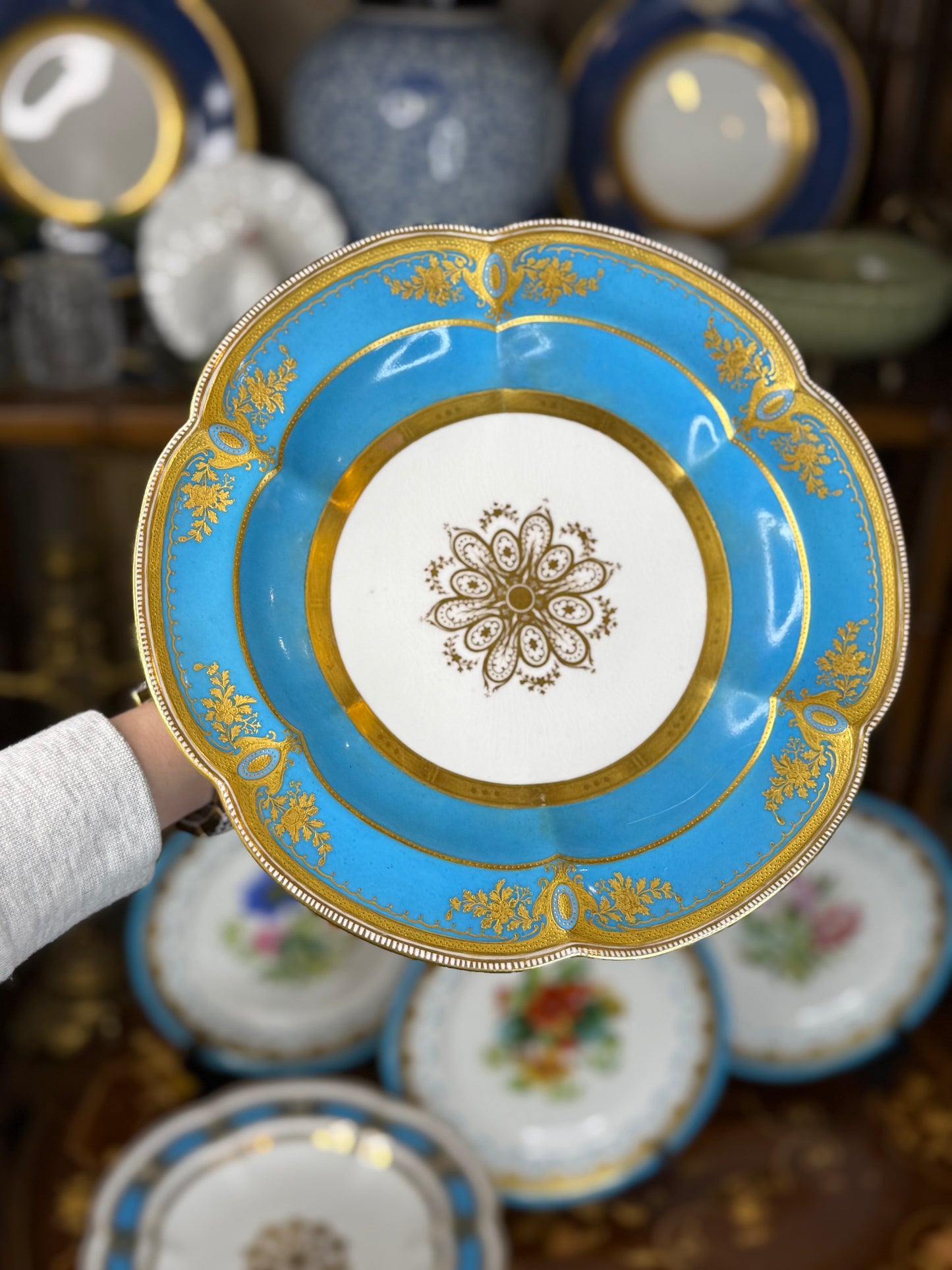Coalport Raised Gilt Comport, c. 1850 – Turquoise & Gold, 10” Diameter (2 available)