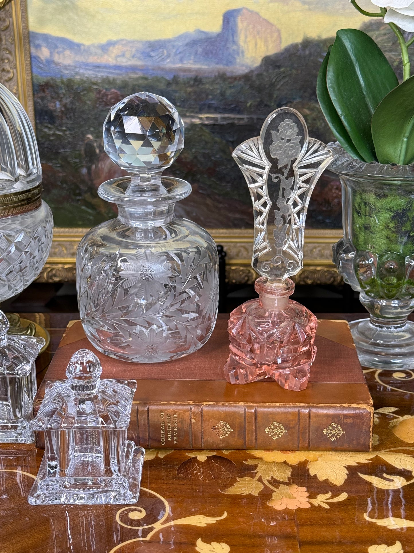 Antique Czechoslovakian Pink Cut Crystal Perfume Bottle with Etched Floral Stopper | 6.5” Tall