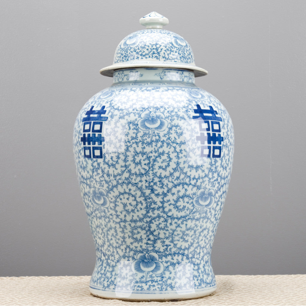 Danny’s Fine Porcelain – Classic Double Happiness Blue & White Lidded Ginger Jar (19.75”H)