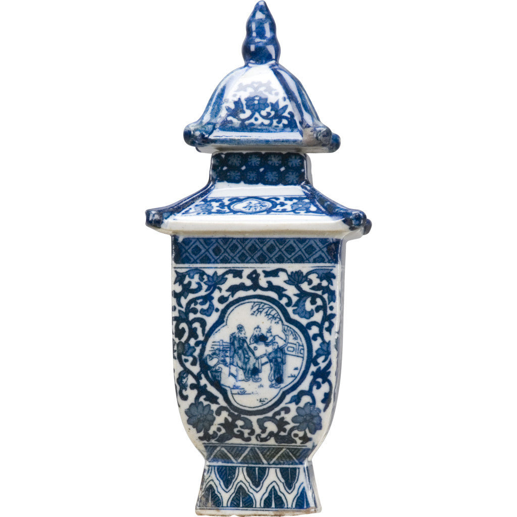 Danny's Fine Porcelain: Petite Blue & White Pagoda Lidded Jar – Courtyard Scene, 8” Tall