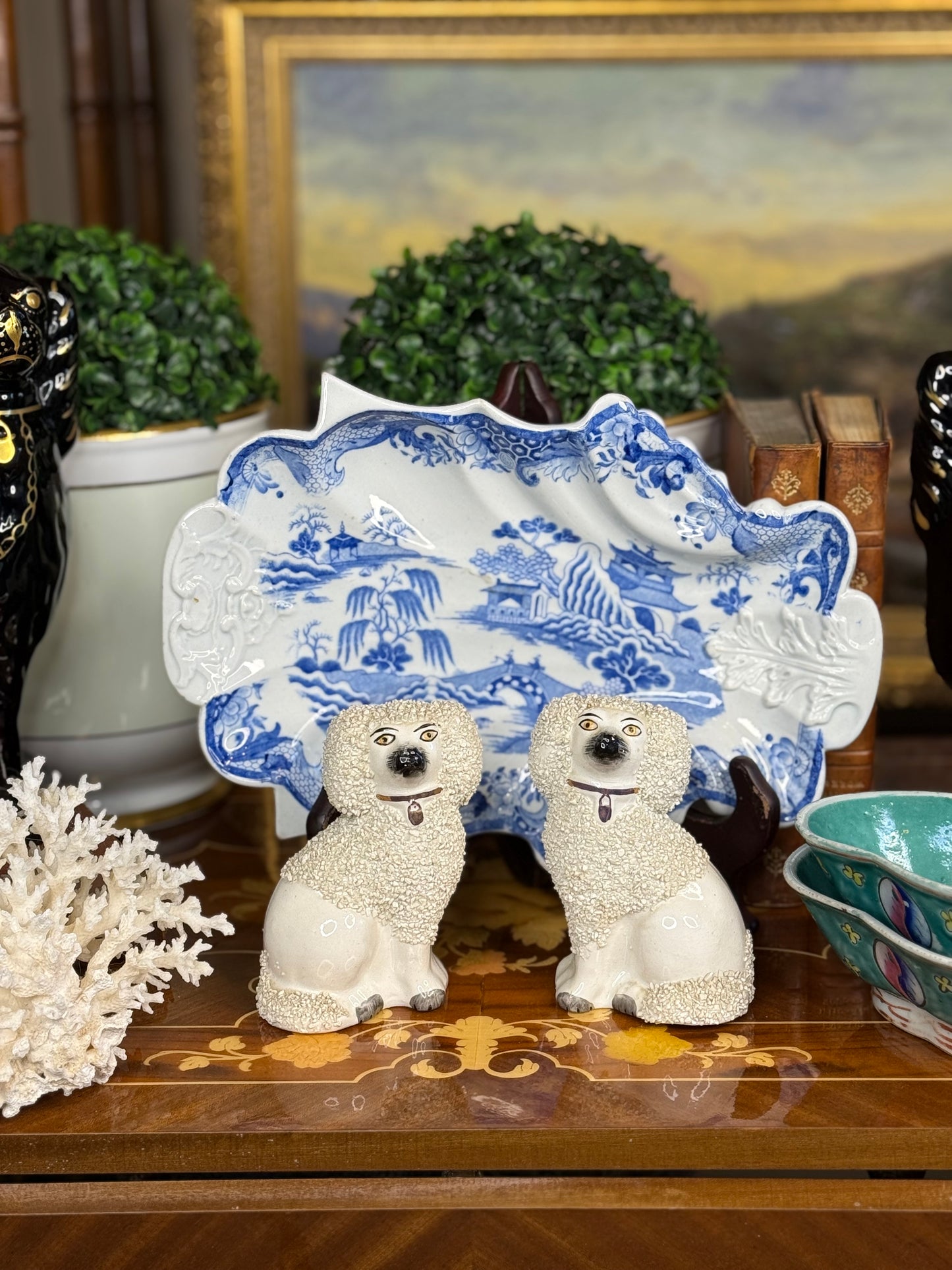 Pair of Sanded English Pottery Poodles 1920s, 4.5” Tall - Pristine!