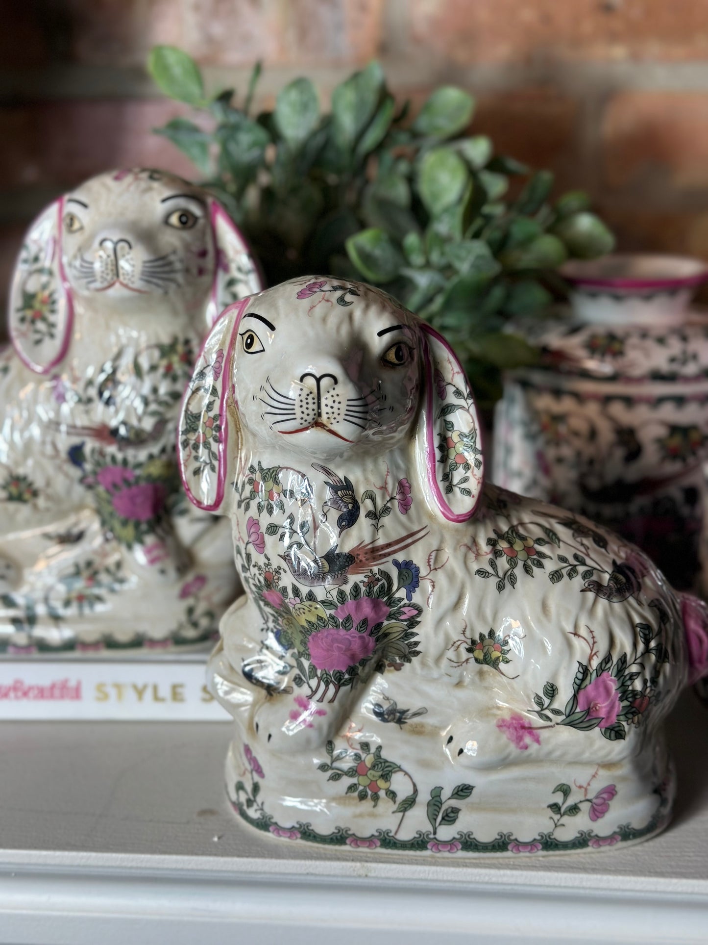 Staffordshire-Style Bunny Hares, Rose Medallion Pair, 8L X 4W X 8H
