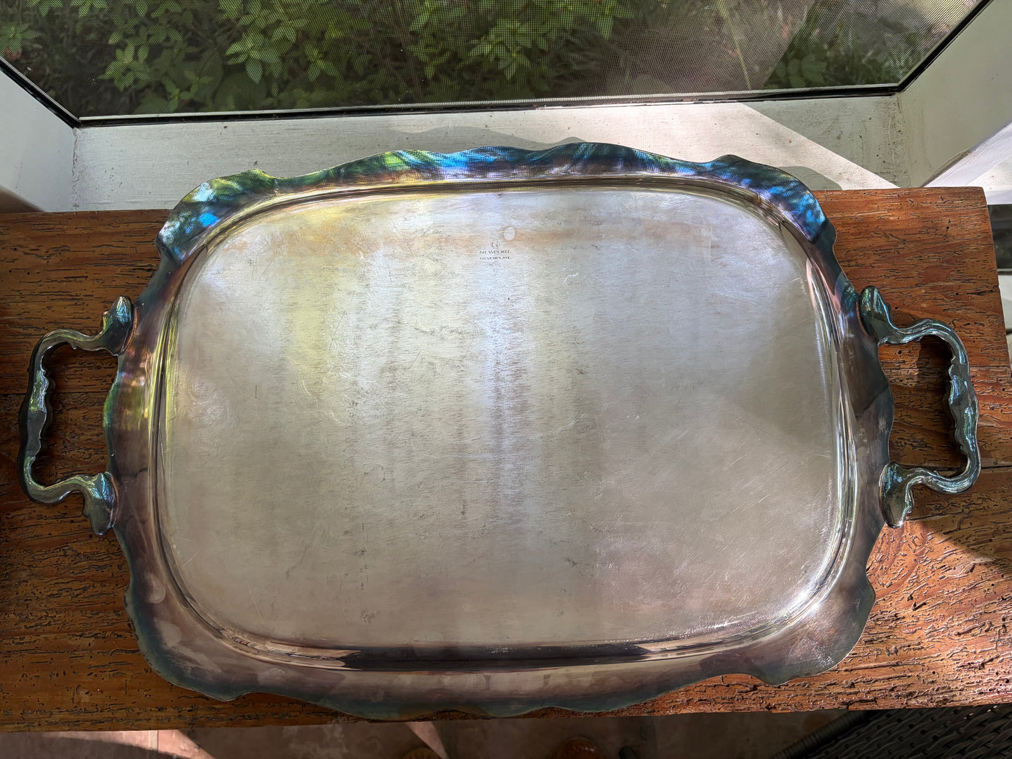 Stunning Gorham Newport large ornate silverplated serving tray with shell motif handles!