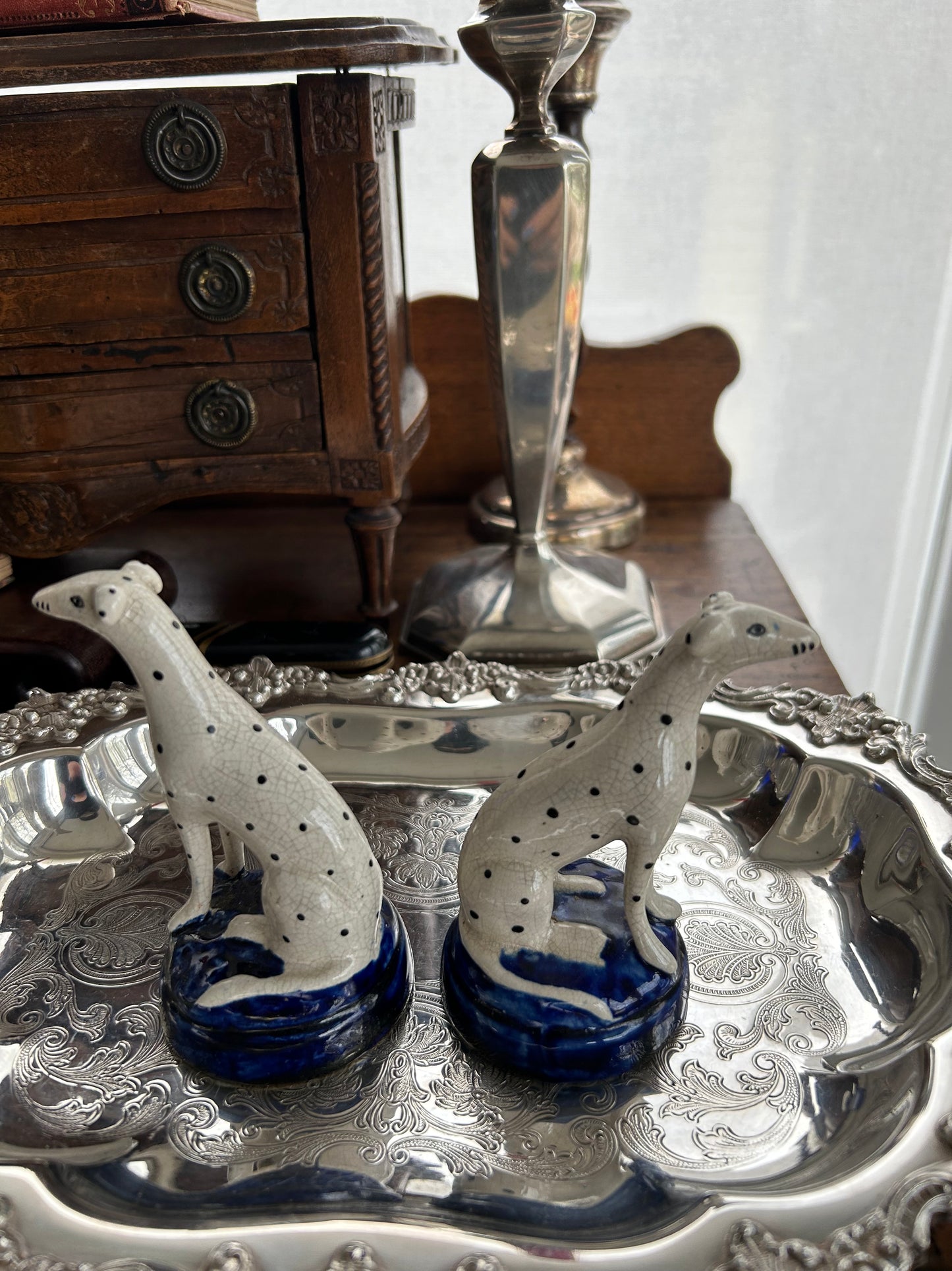 Live 4/16 Antique Pair of Staffordshire Dalmatian Dogs c.1860 4” by 3 1/4”